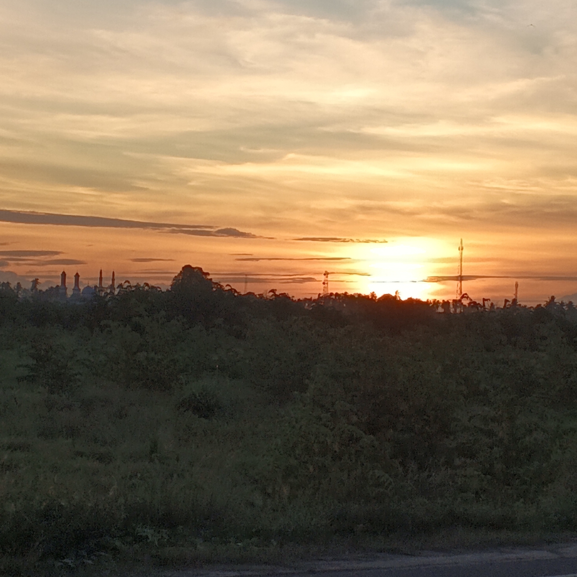The image captures a sunset in Dayah Kruet, Indonesia, with the sky painted in hues of orange, yellow, and pastel blue, streaked with thin clouds. In the middle ground, a silhouette of a mosque with multiple domes and minarets is visible against the bright sky, accompanied by a row of dark trees and other structures, including what appear to be telecommunication towers. The foreground is dominated by a dense, dark green shrubbery or foliage, possibly indicating a hillside or embankment, with a dark strip at the very bottom suggesting a road or path.
