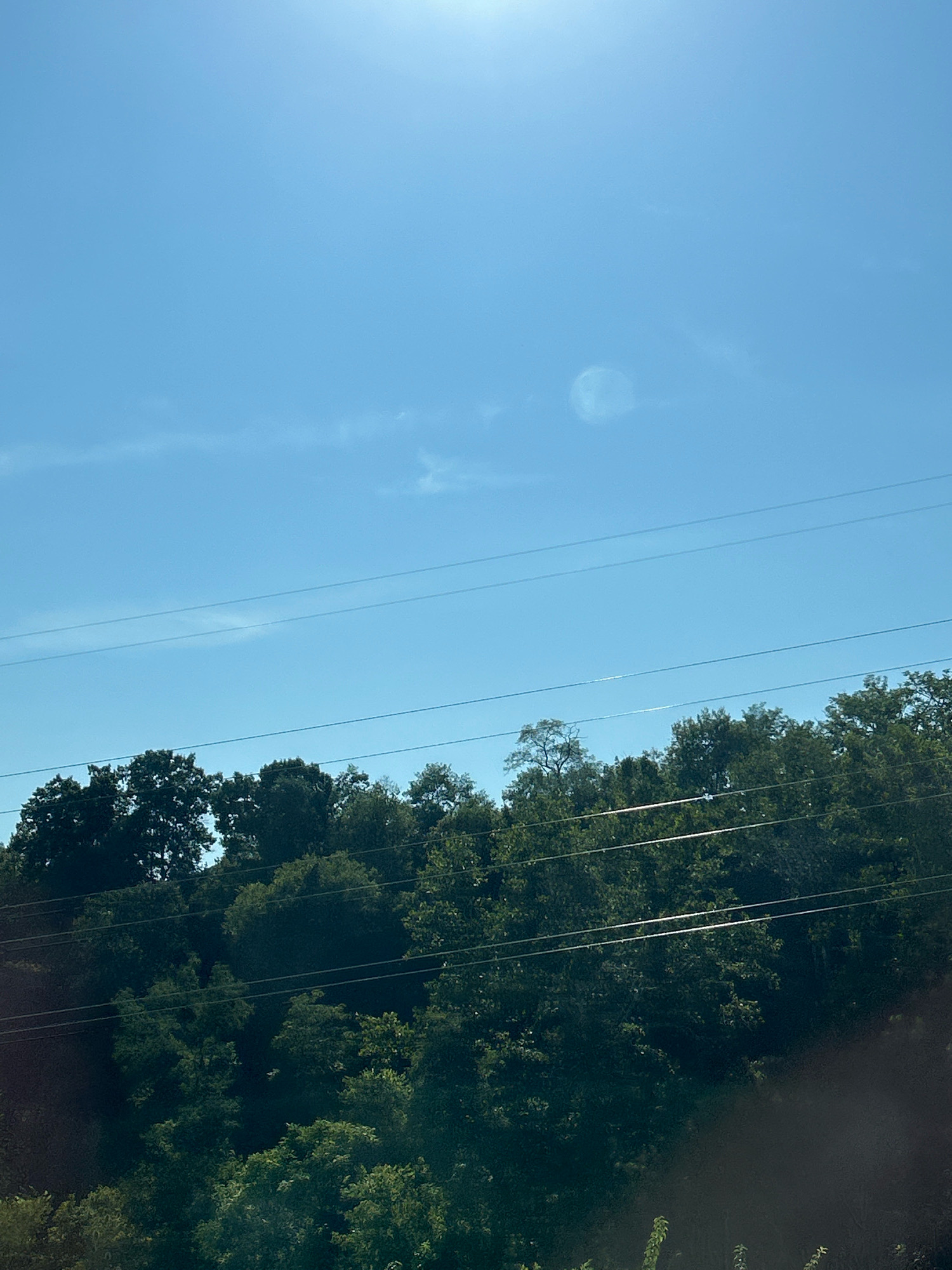 The image shows a bright, sunny day with a clear blue sky and a faint, almost transparent moon visible in the upper right quadrant. Below the sky, a dense line of dark green trees forms the background. Several power lines are strung horizontally across the frame, cutting through the sky and in front of the trees. The overall scene appears to be an outdoor, possibly rural or suburban area, given the presence of trees and power lines. The provided information about the location being "Heidelberg, United States of America" is a fabricated detail, as Heidelberg is a city in Germany, not the United States.