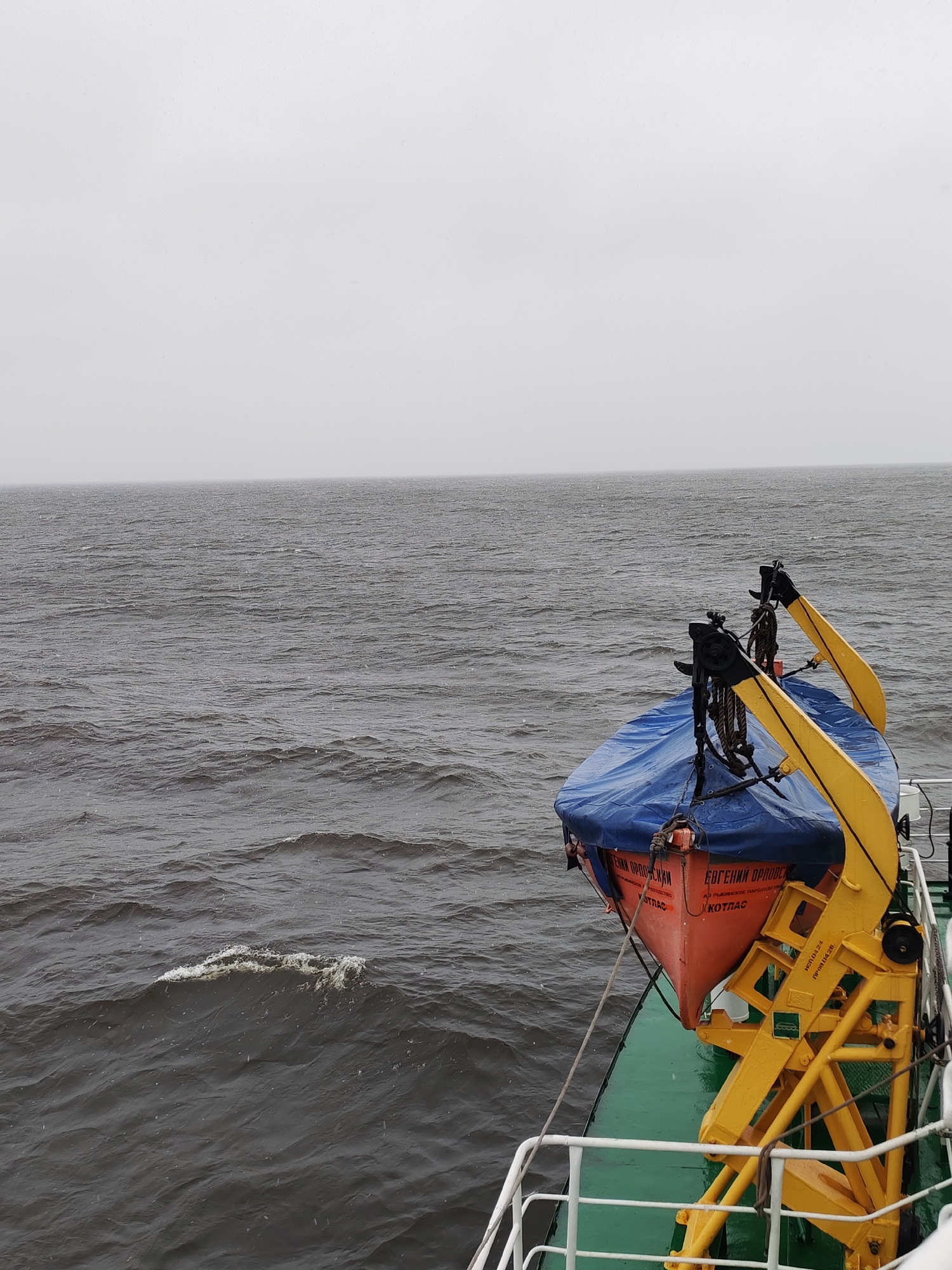 The image presents a view from the deck of a ship looking out onto a vast, choppy body of water under a heavily overcast sky. The scene is dominated by shades of grey from the sky and water, suggesting a somber or dreary day.
In the mid-ground on the right, an orange lifeboat is prominently displayed, secured within its yellow launching davits. The lifeboat is partially covered by a blue tarp, protecting its interior. The ship's deck, visible in the foreground, is painted green, and a white railing runs along the edge, providing a safety barrier. The water is dark grey and shows significant waves and whitecaps, indicating a rough surface, possibly due to wind. Small white specks are visible in the air, hinting at falling precipitation like rain or light snow.
The overall setting is an open body of water, likely a sea or a large river, during what appears to be an overcast and possibly cold day. There are no people visible, and the ship seems to be underway.
Visible text on the orange lifeboat includes: "ЕВГЕНИЙ ОРЛОВСКИЙ" (Evgeniy Orlovskiy), "АЗ РЫБИНСКОЕ ПАРОХОДСТВО" (AZ Rybinskoye Steamship Company), and "КОТЛАС" (Kotlas). Additional technical markings on the yellow davit structure include "ПРИМ. 4.24", "ИСПОЛ. 04.2", "114.25.", and "ПРОВО". These textual cues confirm the vessel's Russian origin and associations with the cities of Rybinsk and Kotlas.