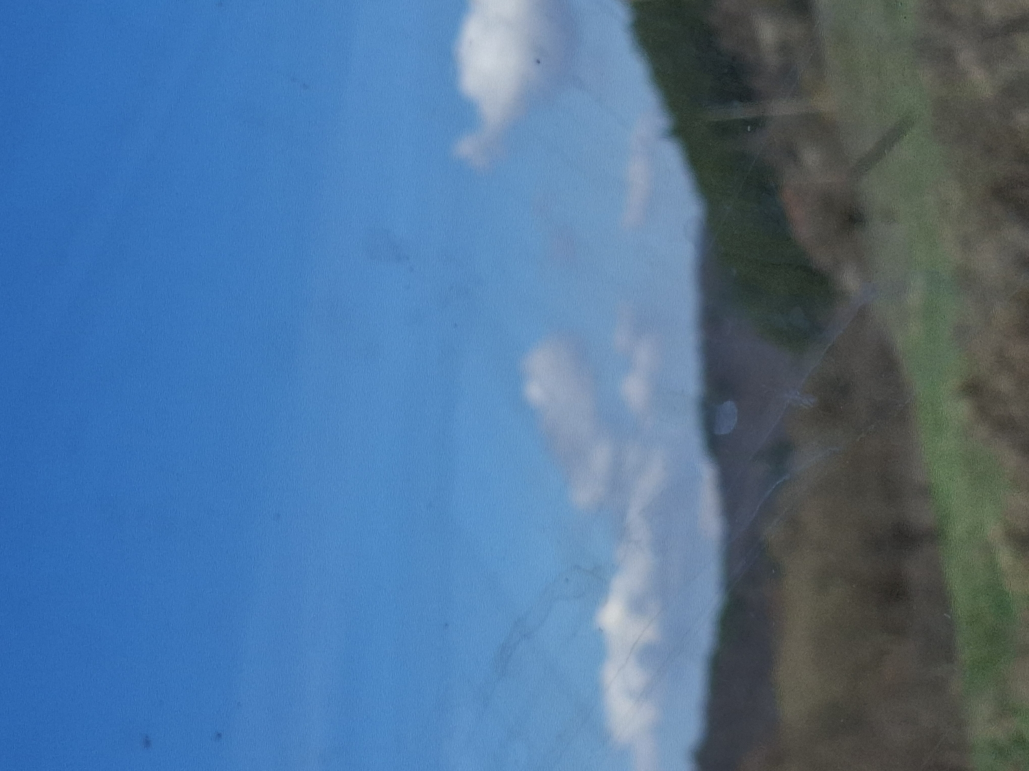 The image shows a view through a dirty window. On the left side is a bright blue sky. White clouds are visible, seemingly reflected in the window. On the right, there is a blurred landscape view, possibly of a field or hillside with green grass and brown dirt. The window itself has smudges and streaks, giving the impression of a dirty or streaked surface. The precise location in Buchin prohod, Bulgaria, cannot be determined from this image alone. No people or specific actions are visible.