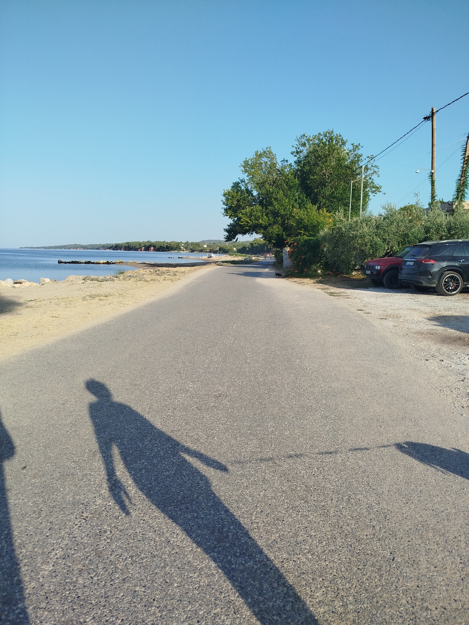 The image depicts a coastal road in Sithonia Municipal Unit, Greece, on a clear day with a bright blue sky. The road, paved with asphalt, curves gently towards the left. To the left of the road is a sandy beach and the calm blue sea, with a rocky breakwater in the distance. On the right side of the road, there is dense green vegetation, two parked cars (a red SUV and a dark-colored SUV), and a utility pole with wires. Two distinct shadows of people are cast across the road, indicating a sunny orientation. The overall scene is one of a quiet, scenic coastal location.