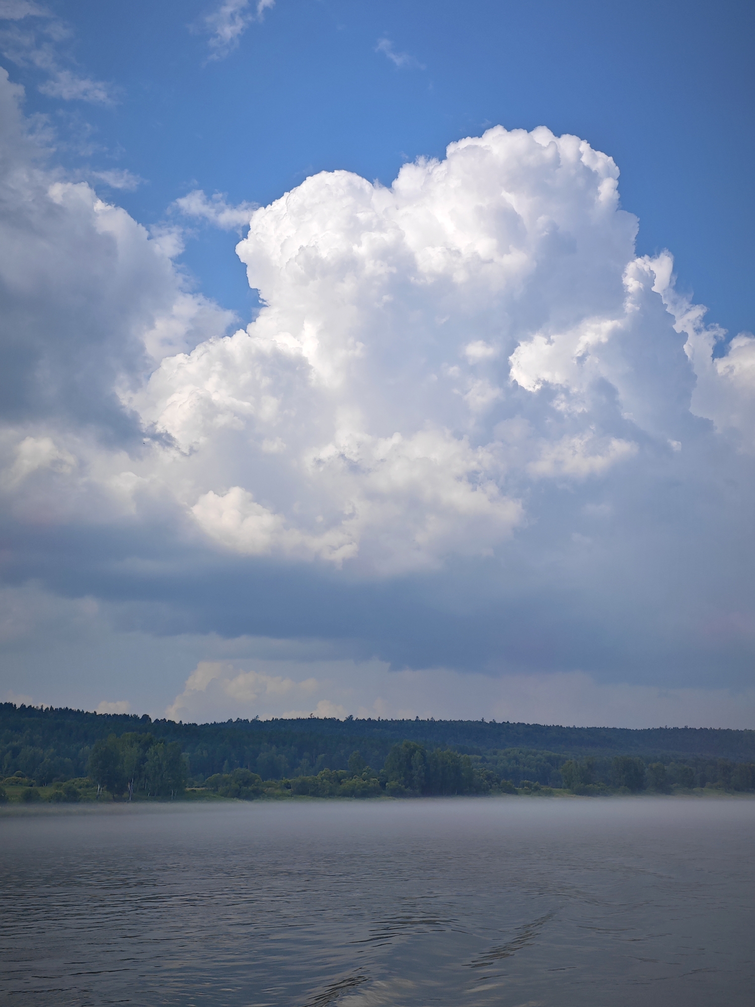 The image depicts a wide, calm body of water, possibly a river or lake, with ripples on its surface. A low-lying mist hovers over the water's edge, obscuring the immediate shoreline. Beyond the mist, a dense forest covers a rolling landscape. The sky above is a dramatic mix of bright blue with large, fluffy white cumulus clouds and darker, more diffused gray clouds. This scene suggests an early morning or late afternoon setting with a slightly overcast or partly cloudy sky. The location is identified as Predivinsk, Russia. There are no people or discernible actions visible in the image.