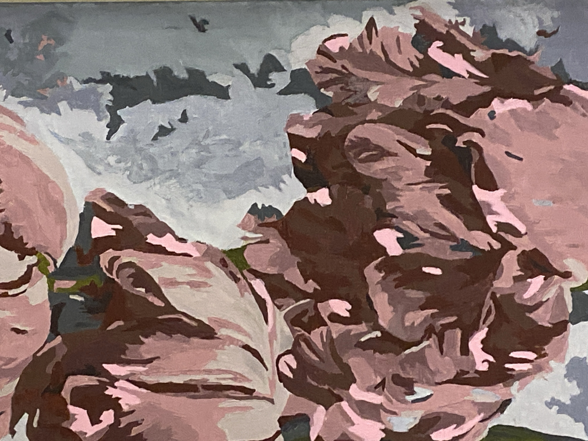 The image is an oil painting of two large, dark pink tulips against a grey, abstract background. The tulips are rendered in broad strokes with visible brushwork, emphasizing their layered petals and deep shadows. The left tulip is positioned higher and is partially cropped, while the lower tulip fills the bottom of the frame. The background is a textured blend of light and dark grey, with some areas of lighter color that suggest out-of-focus foliage or movement. The style is impressionistic, with a focus on color and light rather than precise detail. The painting does not depict any specific location in Brest, Belarus.