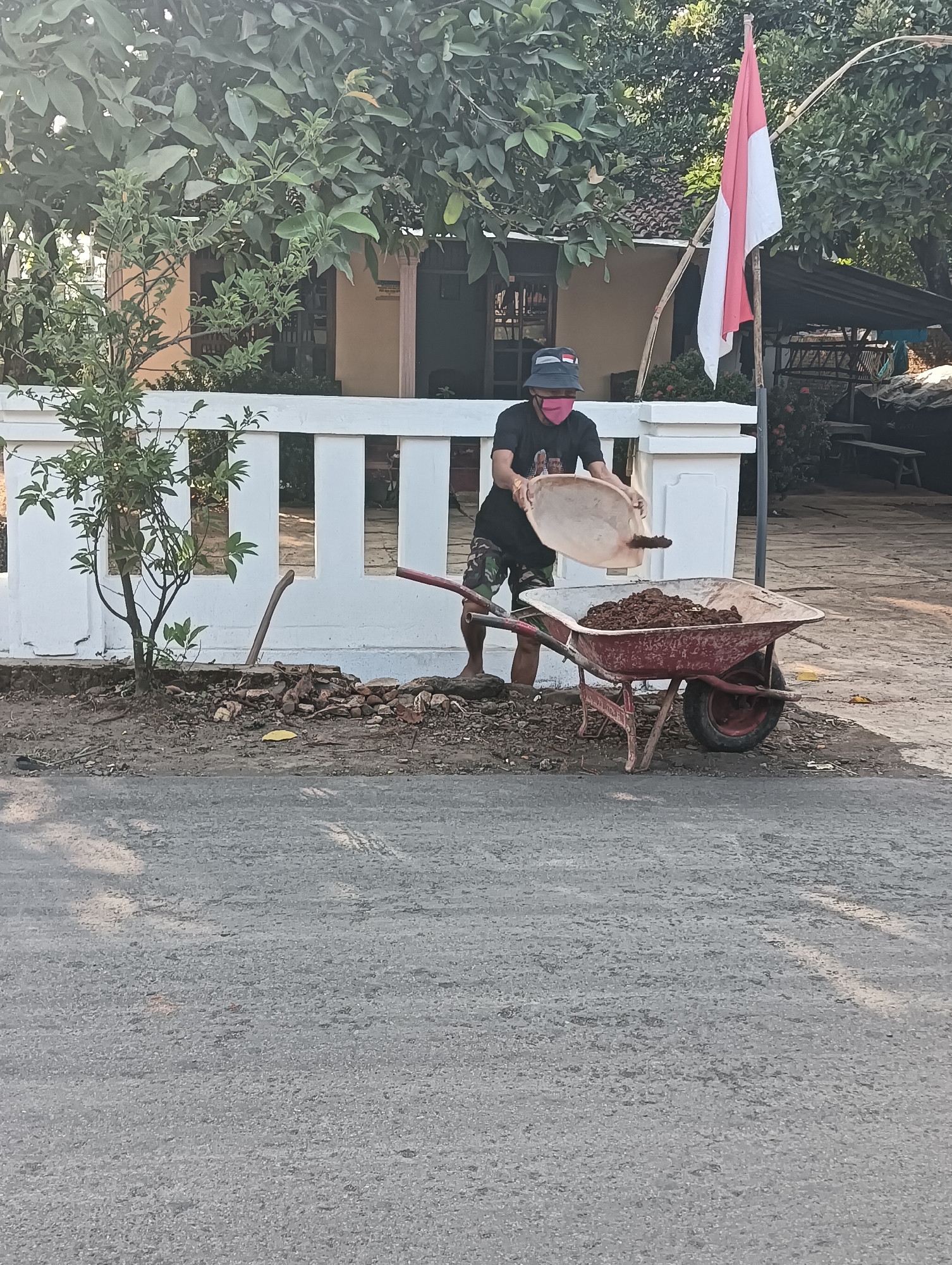 In Cluwak, Indonesia, a person is seen wearing a black t-shirt, camouflage shorts, a bucket hat, and a pink face mask. They are in the process of unloading dirt from a light-colored shovel into a red wheelbarrow. The wheelbarrow is filled with dark soil. The scene takes place outdoors, with a white fence in the background. Behind the fence, a house with a light brown exterior is visible, along with trees and an Indonesian flag flying on a bamboo pole. The ground is a mix of dirt and debris, and a paved road is in the foreground.