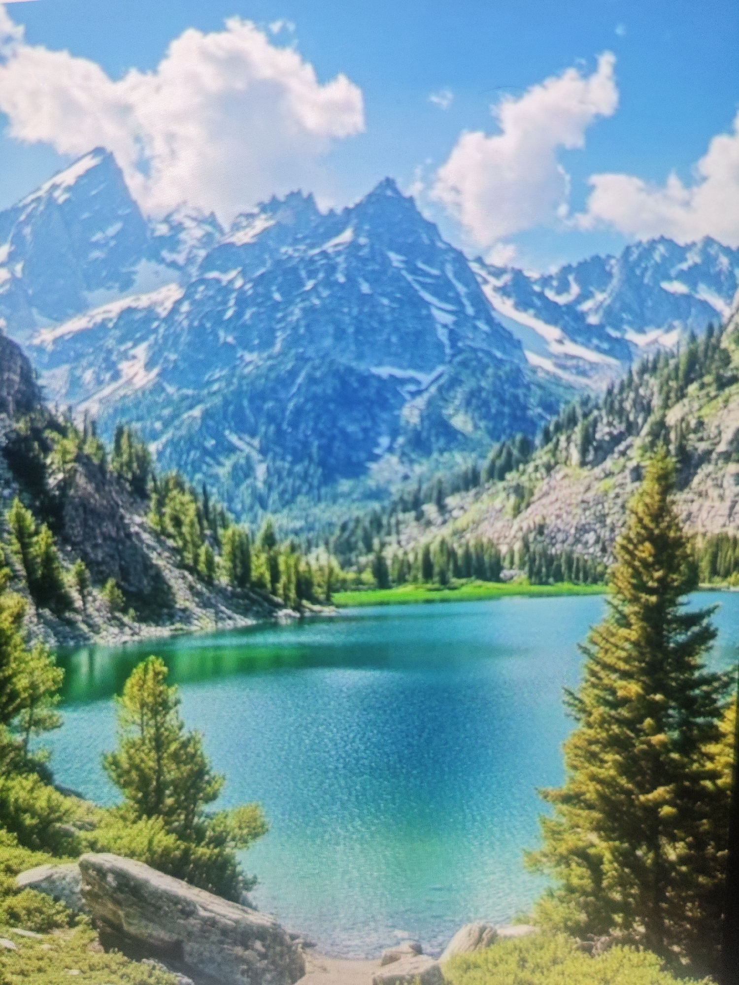 The image depicts a serene mountain landscape with a clear, turquoise lake in the foreground. Jagged, snow-capped mountains rise majestically in the background, under a bright blue sky dotted with fluffy white clouds. Lush green pine trees and rocky slopes frame the lake, creating a picturesque scene. The water's surface is slightly rippled, reflecting the surrounding scenery. The lighting suggests it is daytime, likely late morning or early afternoon, with the sun casting bright illumination on the peaks and trees. There are no people or any visible signs of human activity in the image. This image is a landscape view of a mountain lake, with no specific connection to the city of Krasnaya Polyana, Russia, as the scene is generic mountain scenery.