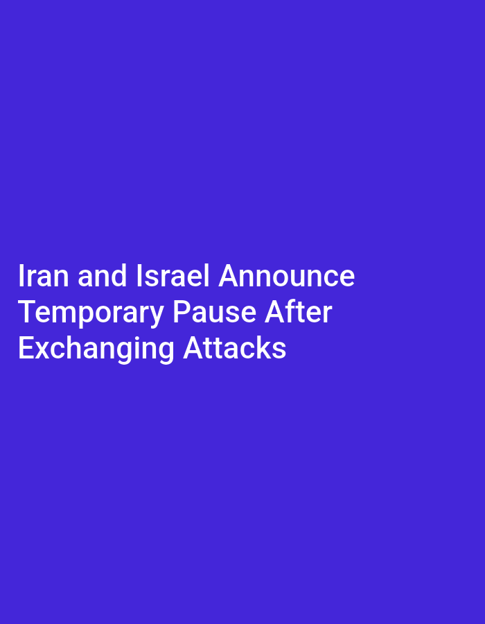A photograph displays a solid royal blue background with white text centered on the lower portion of the image. The text reads: "Iran and Israel Announce Temporary Pause After Exchanging Attacks". There are no people, objects, or any discernible elements of a city in Lhokseumawe, Indonesia, present in the image.