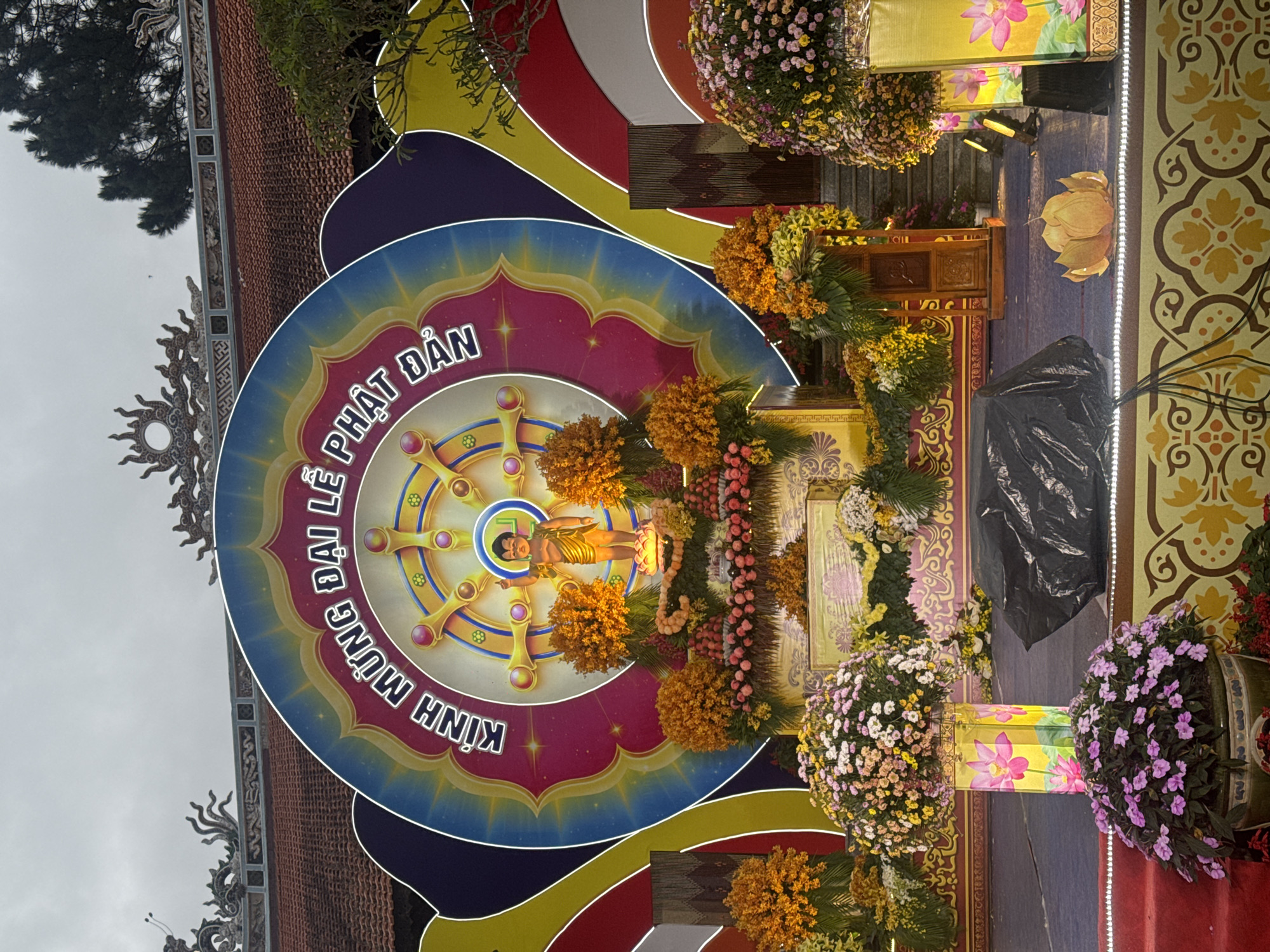 The image shows a religious display in what appears to be Da Lat, Vietnam. The central element is a large, circular sign featuring the inscription "Đại Lễ Phật Đản Kính Mừng," which likely translates to "Great Vesak Ceremony Happy Celebration." A gold-colored figure resembling the Buddha is centered within the circle, surrounded by an ornate depiction of the Dharmachakra, a Buddhist symbol.
The backdrop includes curved segments of various colors (white, red, yellow, purple) and decorative floral arrangements. The flowers are arranged as a border around the Buddha and on either side of the stage, adding to the celebratory atmosphere. The display is situated in what appears to be a religious building with a partially visible, tiled roof. Additional decorative elements are present, including patterned curtains and lights. A black garbage bag lies in the middle of the stage. The sky above is overcast.