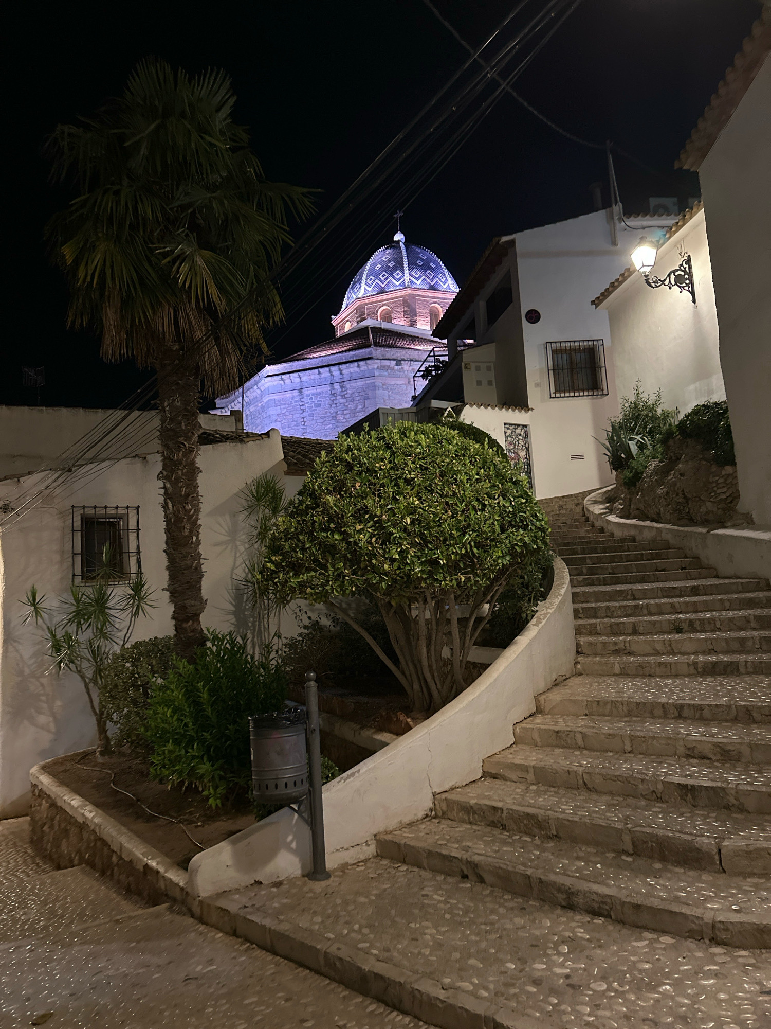 The image depicts a nighttime scene of a cobblestone staircase in the city of Altea, Spain, leading upwards past white stucco buildings. A prominent palm tree stands to the left, with lush green bushes and shrubs flanking the staircase and surrounding a large, rounded bush. In the background, the distinctive blue-tiled dome of the Church of Santa Ana and San Bartolomé is illuminated, casting a blue light. A traditional Spanish-style outdoor lamp fixture is mounted on a white wall to the right. The ground is paved with small, rounded pebbles, characteristic of the historic old town. A metal trash receptacle is visible near the base of the palm tree. The sky is dark, indicating it is nighttime.