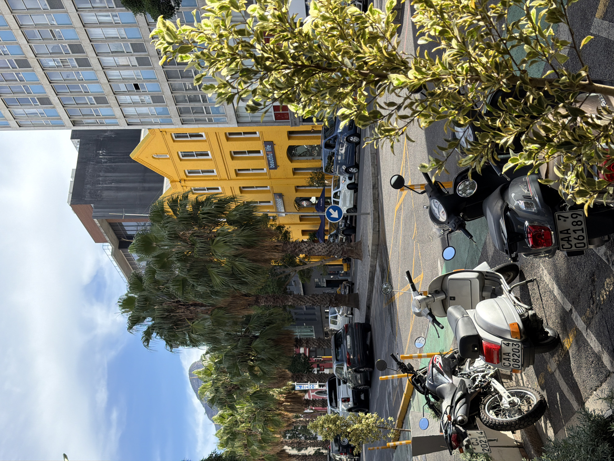 The image depicts a street scene in Cape Town, South Africa. Several motorcycles are parked on the right side of the frame, near a curb with yellow and white markings. The street features a row of palm trees along the left side, partially obscuring the buildings behind. One building is bright yellow with "beautiful life" written on it, and another is a tall, modern building with many windows. A blue traffic sign is also visible. There are several parked cars along the street. The sky is partly cloudy.