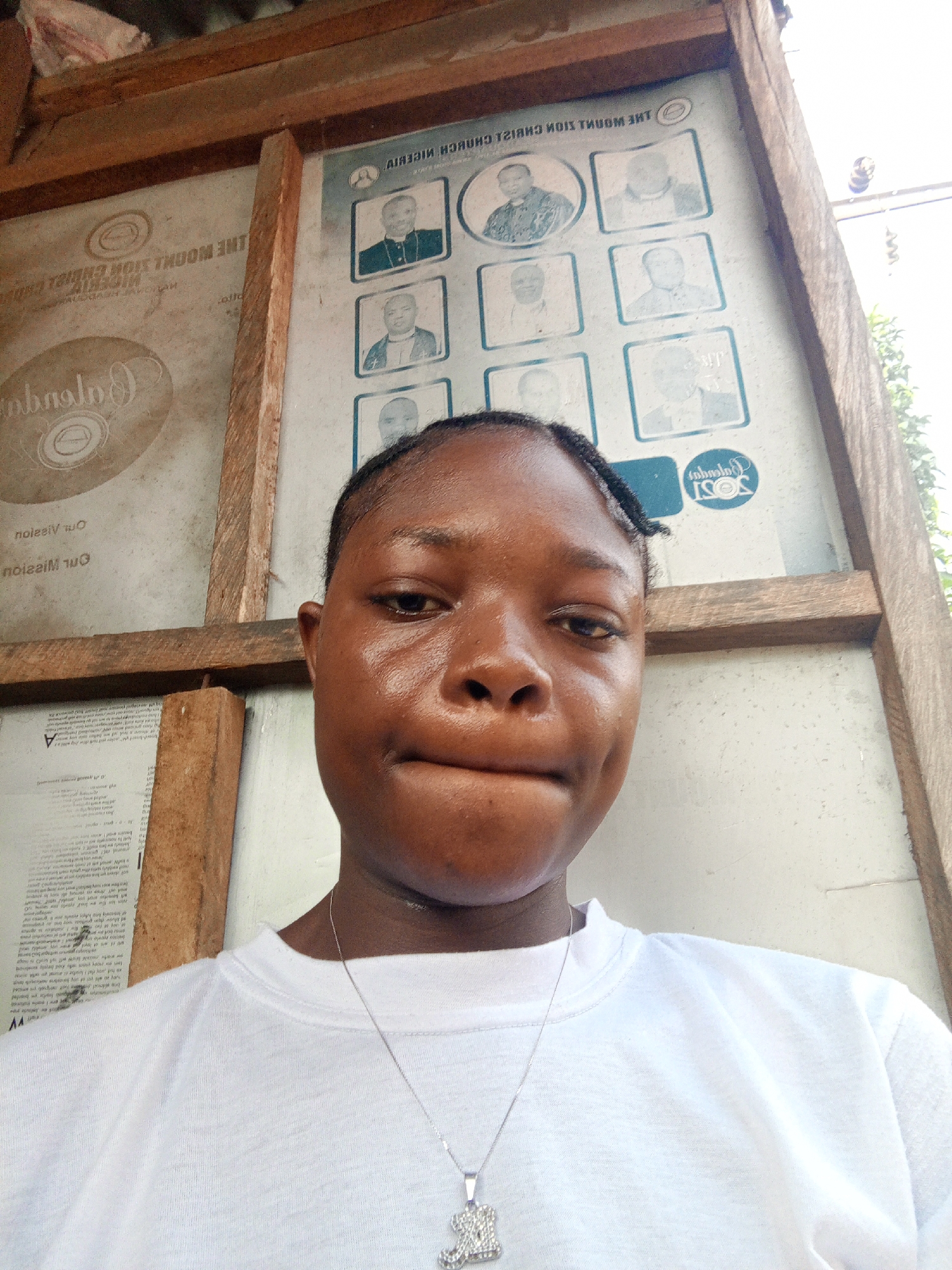 A young person with dark skin is captured in a close-up, likely a selfie, against a background of wooden beams and notice boards. They wear a simple white crew-neck t-shirt and a silver chain with a rectangular, jeweled pendant around their neck. Their hair is neatly pulled back, and their expression is neutral with a slight pout, revealing a dimple on their right cheek.
The setting appears to be outdoors or within an open wooden structure in Mbribit, Nigeria. The background features two large boards framed by rough wooden planks. The board on the right displays several framed portraits of men, likely church leaders, under the inverted text: "THE MOUNT ZION CHRIST CHURCH NIGERIA". The year "2021" is also visible on this board. The board on the left shows text that reads "Our Vision" and "Our Mission", along with a circular logo, possibly related to "Calabar". The bright lighting suggests it is daytime.