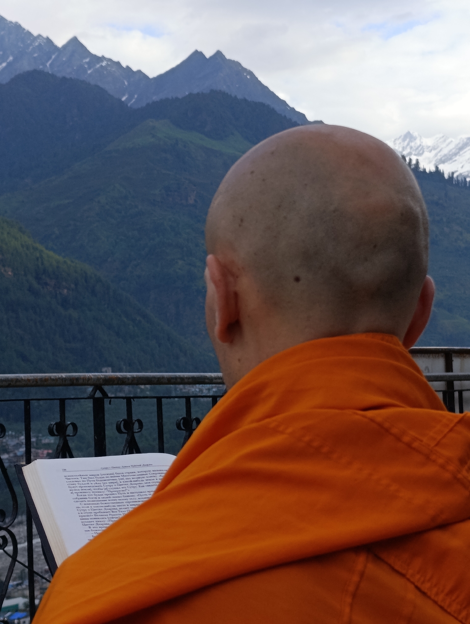 A close-up, over-the-shoulder view shows a bald-headed person wearing an orange robe reading a book outdoors. The person is seated and facing away from the camera, with their head and upper body filling the foreground. The book is open, and text is visible on the pages. In the background, a railing with an ornate black metal design separates the foreground from a mountainous landscape. The mountains are covered in lush green vegetation on their lower slopes, transitioning to snow-capped peaks under a cloudy sky. The setting appears to be Vashisht, India, given the distinctive mountainous terrain and the architecture visible in the distance.