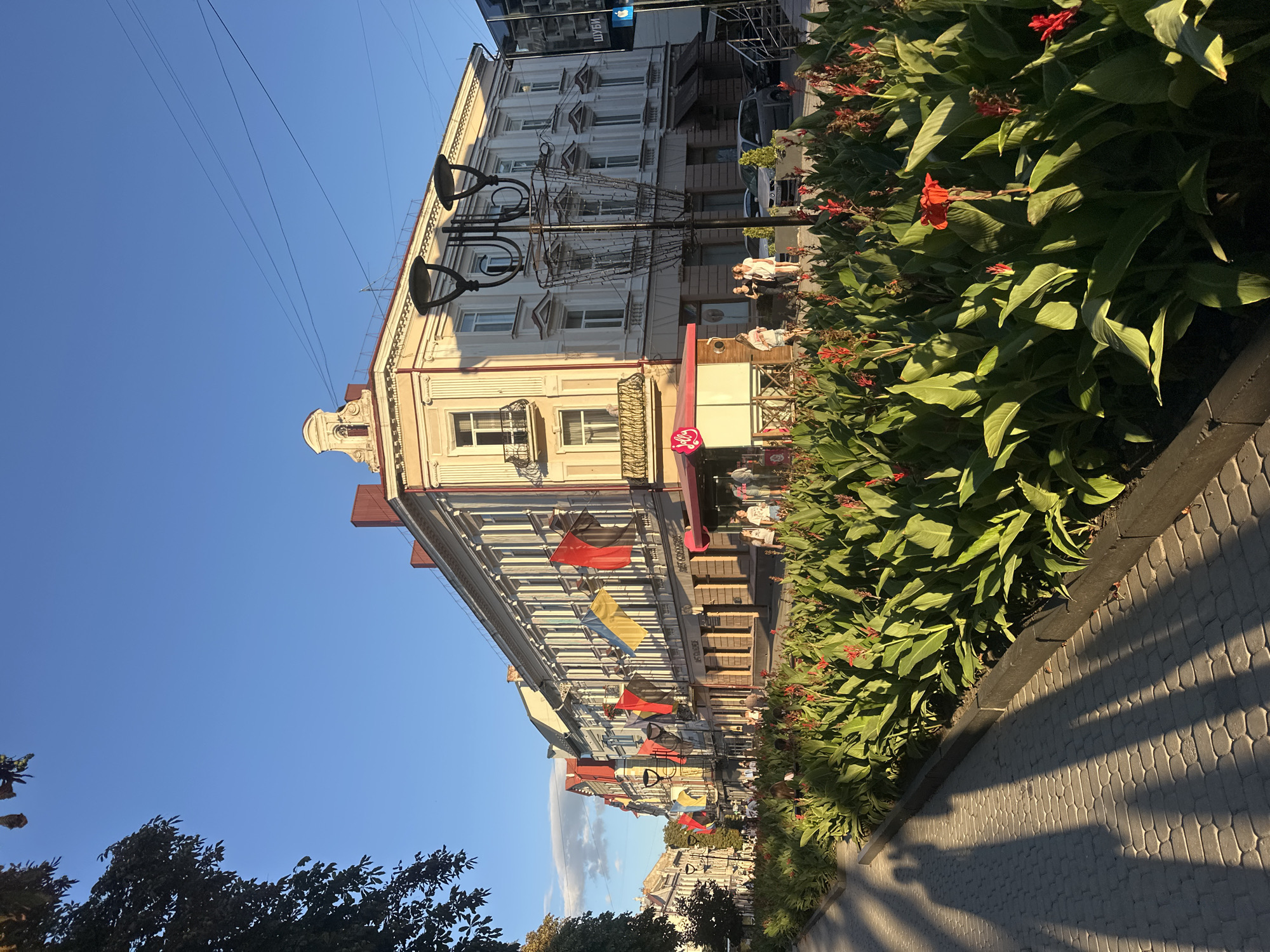 The image depicts a street scene in Ternopil, Ukraine, bathed in the warm light of a setting sun. On the right side of the street, a multi-story building with classical architectural features, including ornate window frames and a decorative pediment, stands prominently. Ukrainian flags, a mix of blue and yellow, are displayed along its facade, alongside other colored flags. Below the building, shops and establishments with awnings are visible. The street is lined with a vibrant planter bed filled with lush green foliage and striking red canna lilies in bloom. To the left, a paved pedestrian walkway features long, distinct shadows cast by trees and people. A few individuals are walking along the sidewalk, and cars are parked on the street in the background. The sky above is a clear, bright blue, with a few wispy clouds on the horizon. The overall impression is that of a lively urban setting during the golden hour.