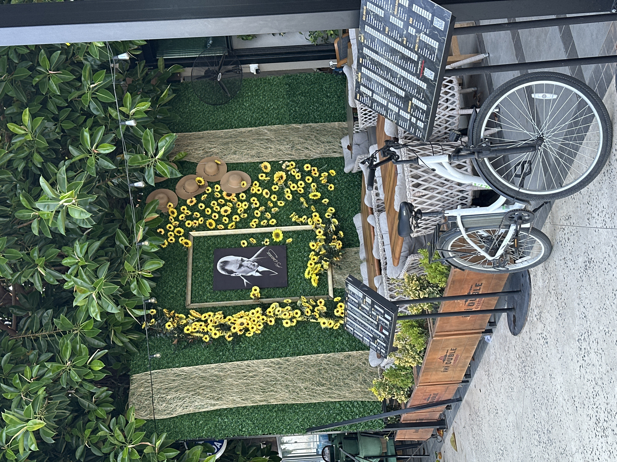 The image captures a cafe's outdoor seating area on a street in Fethiye, Turkey. The facade is decorated with a green, artificial grass wall, adorned with a portrait of Mustafa Kemal Atatürk and a cascade of artificial sunflowers. Several straw hats are also displayed on the wall. In front of this display, there are outdoor dining tables with white wicker chairs. A white bicycle is parked in the foreground, positioned in front of a menu stand. Planters with green foliage line the walkway. String lights are strung across the top of the green wall, illuminating the space. The overall atmosphere suggests a well-maintained and aesthetically decorated establishment.
