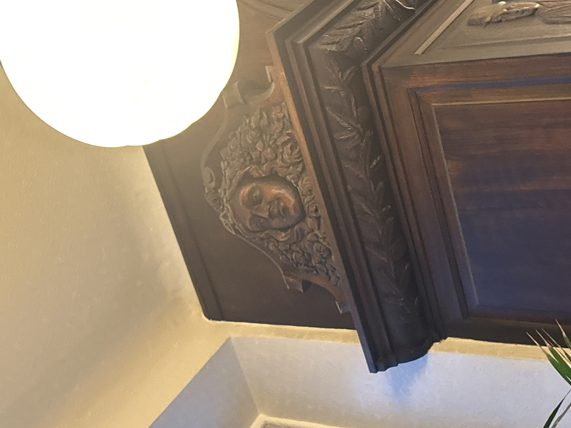 A low-angle shot captures an interior architectural detail, possibly from a building in Paris, France, given the style. A round, white light fixture is prominent in the upper left. Adjacent to it is a dark wooden architectural detail, intricately carved with a face and floral or leaf patterns. This detail forms part of a larger structure, which appears to be a section of a ceiling or a door frame, also made of dark wood with ornate carvings. The backdrop is composed of plain, light-colored walls, indicating an interior setting. The light fixture and wood structure are the primary subjects, and there are no visible people or interactions in the frame. A green plant with pointy leaves is situated at the bottom right corner of the image.