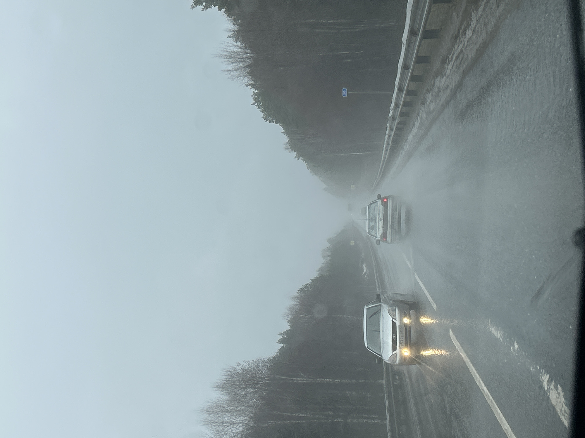 The image shows a highway in Chaykovsky, Russia on a rainy and overcast day. Two vehicles, a white van and a gray sedan, are traveling on the wet road. There are trees bordering the highway on both sides, and a guardrail is visible on the right. Visibility is reduced due to the rain and fog.