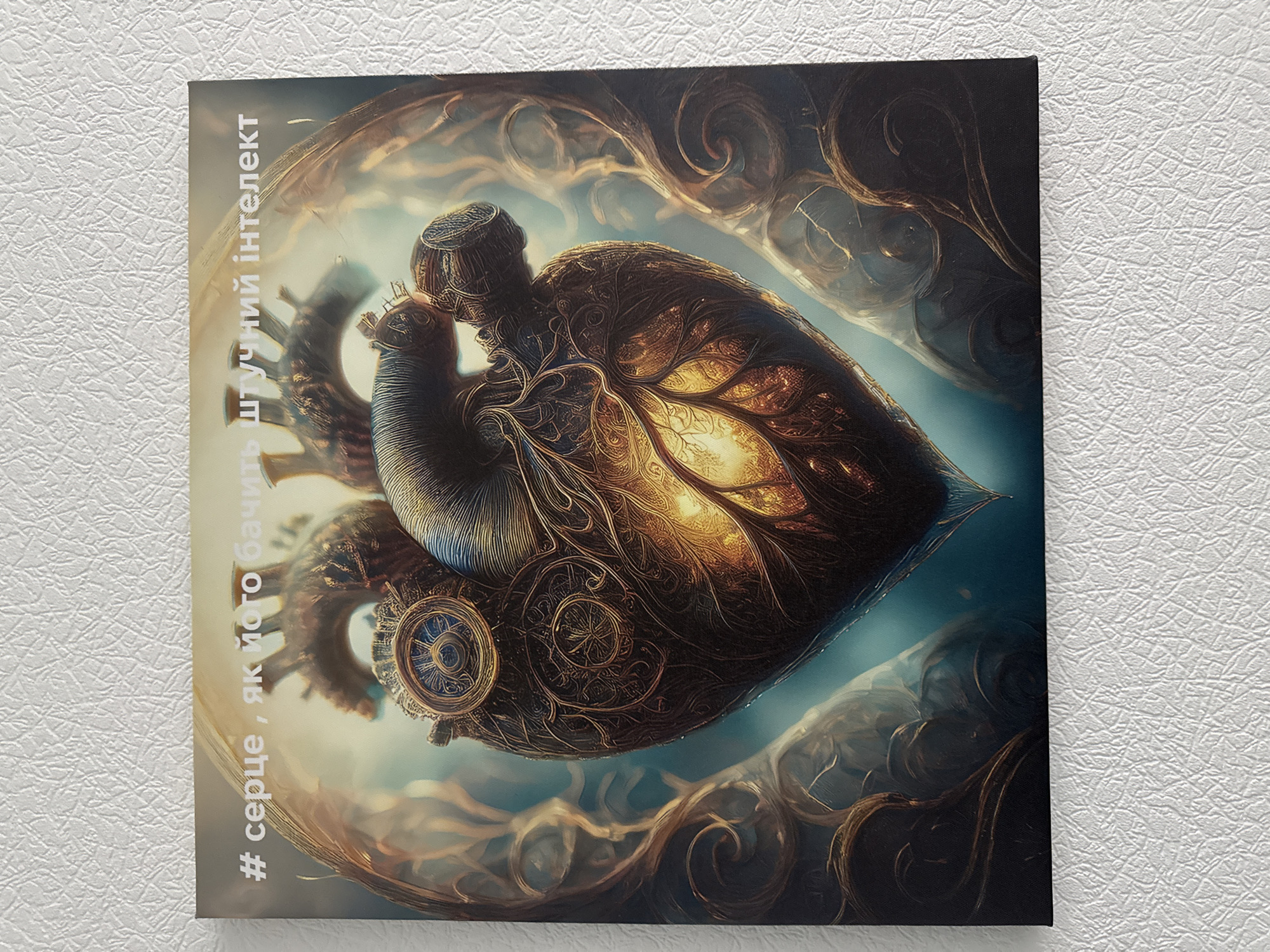 The image shows a canvas print with a visually striking, artistic depiction of a mechanical heart. The heart is intricately detailed, appearing to be made of brass or a similar metallic material, with gears, valves, and ornate filigree work. It glows with an internal golden light, suggesting life or energy within the machine. The heart is framed by large, feathery, wing-like structures that are also metallic and appear to be part of the overall artwork. The background is a hazy, ethereal blue with swirling, organic-looking patterns. In the upper left corner of the canvas, white text is visible in what appears to be the Ukrainian language. The canvas is mounted on a textured, white wall. The scene is an indoor setting, likely a room, with the canvas serving as a decorative element. There are no people or animals present in the image. The location is unknown.