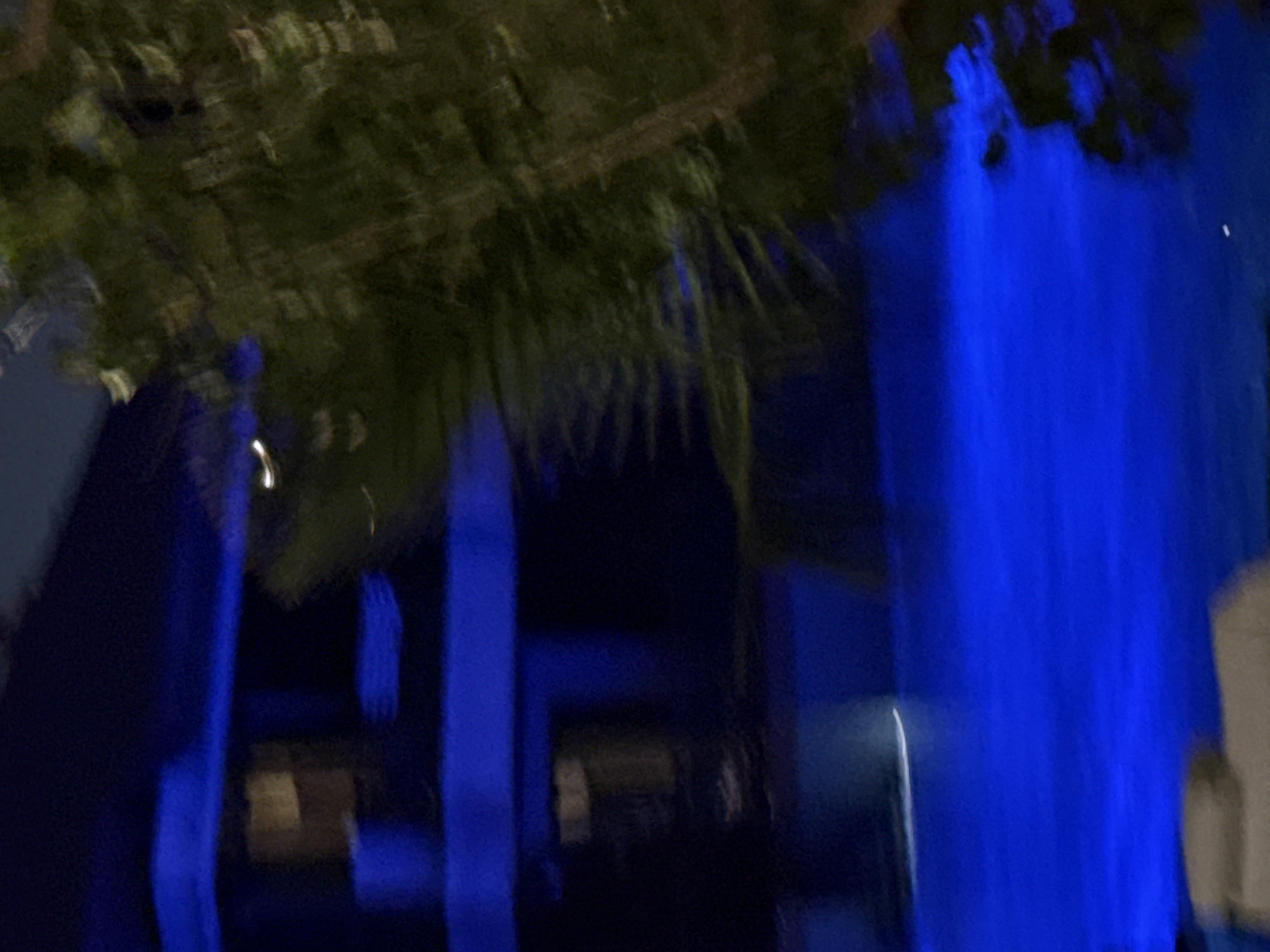 This is a low-light, motion-blurred image depicting an outdoor scene at night. In the background, a dark building with blue illumination is visible. Some windows or architectural features on the building appear as lighter rectangles. In the foreground, a body of water, likely a swimming pool, is intensely illuminated with a vibrant blue light. To the right and partially obscuring the building, a dark, leafy tree or vegetation is present. The overall impression is of a dimly lit, possibly tropical or resort-like environment. The specific location in Dubai, United Arab Emirates cannot be determined from the image alone.