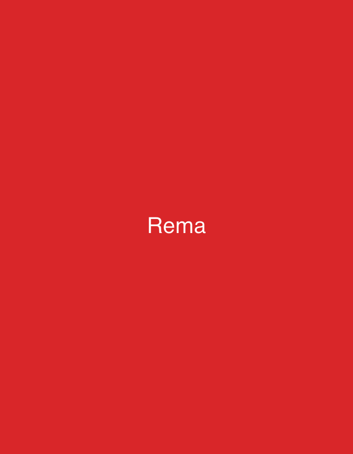 The image displays a solid, vibrant red background. Centered horizontally and vertically on this red field is the word "Rema" rendered in plain white, sans-serif capital and lowercase letters. There are no other discernible objects, people, or environmental details present. The image provides no visual information to determine a specific location, including any city like Casablanca, Morocco.