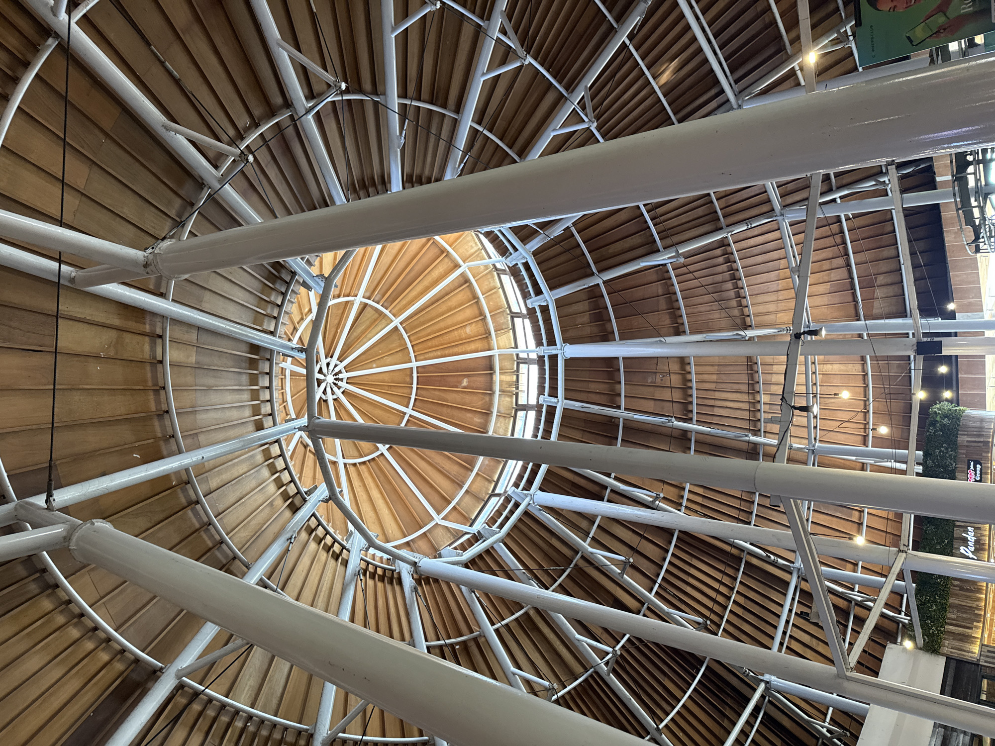 The image captures the interior of a domed structure, likely a building in Kuta, Indonesia, featuring a distinctive thatched or wooden slatted ceiling. A central, white-painted column rises to support the roof, with numerous smaller white supports radiating outwards, creating a radial pattern. The ceiling is constructed from numerous wooden planks, arranged in a series of concentric circles and converging towards the apex of the dome. Some of the planks appear to be natural wood, while others have a lighter, possibly painted finish. In the lower portion of the image, glimpses of shops or stalls are visible, with greenery and some signage. There are no people clearly visible in the frame. The lighting appears to be a mix of natural light filtering through the ceiling and artificial lights, some of which are hanging fixtures. The overall impression is of a modern, airy space with a strong emphasis on natural materials.