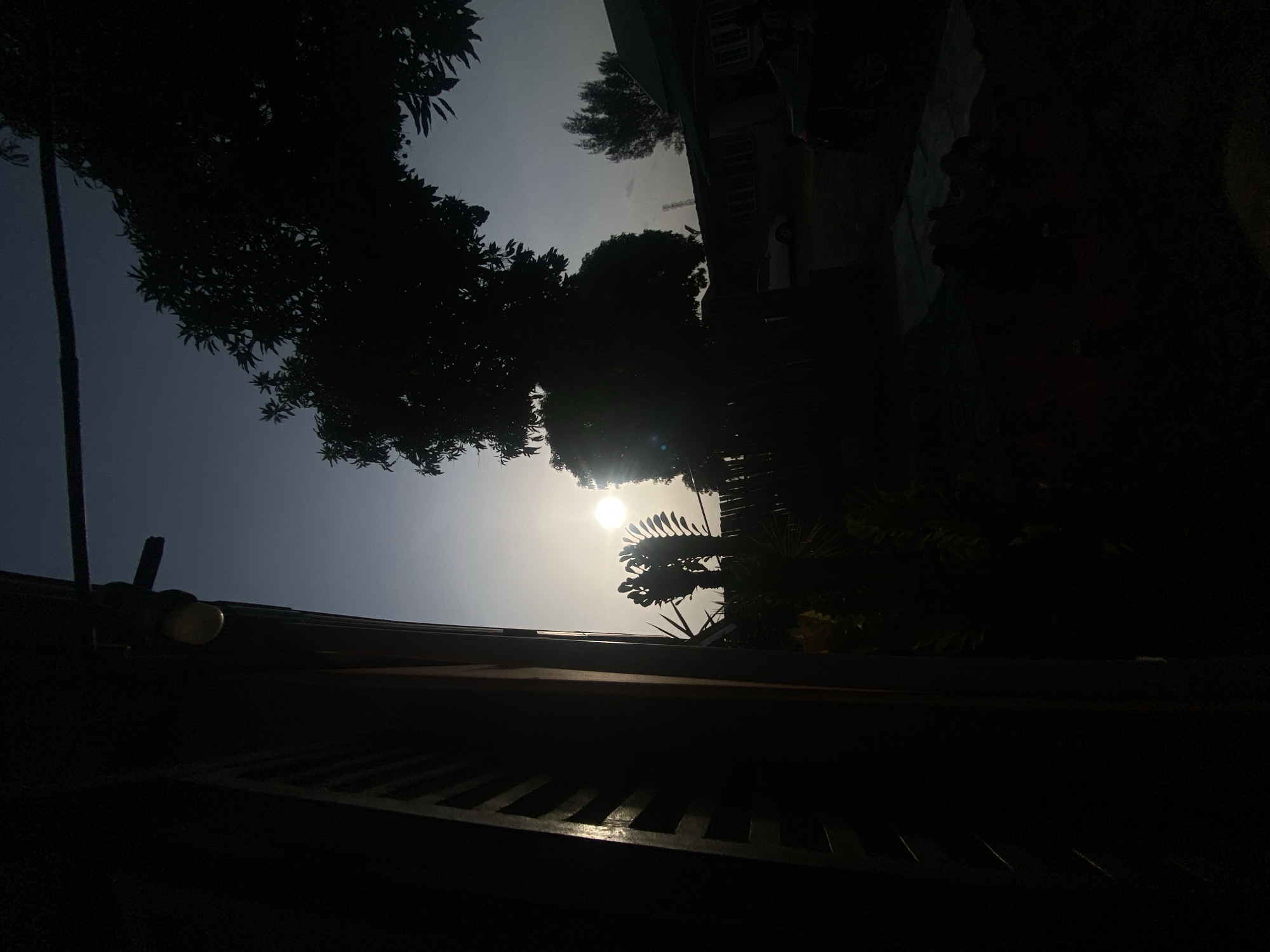 The image depicts a partially obscured view of the sky with the sun shining through the branches of trees. The image is angled upwards from a low position. The bottom of the image is dominated by dark shapes, possibly parts of a building or structure, with a slatted or ribbed pattern. In the background, there is a building and trees. The image seems to be shot in Barden Yana, Nigeria but that can't be confirmed. It is dark and obscured so no people are visible.