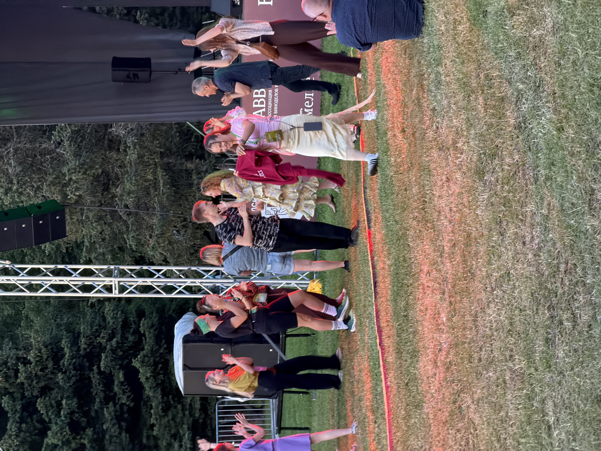 This media file shows a group of people on a grassy area, likely outdoors, as indicated by the natural lighting and the presence of trees in the background. The image appears to be taken at dusk or in the evening, with artificial lighting casting orange and pink hues onto the grass. The people are arranged in a line, facing to the left of the frame, and seem to be participating in a performance or a synchronized activity. Their postures suggest movement and engagement.
Several objects are visible, including what appear to be speakers or audio equipment to the left of the frame, and a metal truss structure. A dark, large banner or backdrop with some Cyrillic text is present in the background. The visible text includes "ABB", "АССОЦИАЦИЯ", and "МЕЛ", suggesting it might be related to an event or sponsorship.
The individuals are dressed in casual and performance-like attire. Some are wearing t-shirts, shorts, and pants, while others have more stylized clothing. The expressions on some faces are difficult to discern due to the distance and resolution, but the overall impression is one of focused activity. The setting, with the grassy field and the backdrop, points towards an outdoor event such as a festival, concert, or performance in Veliky Novgorod, Russia. The weather appears to be calm, suitable for an outdoor gathering.