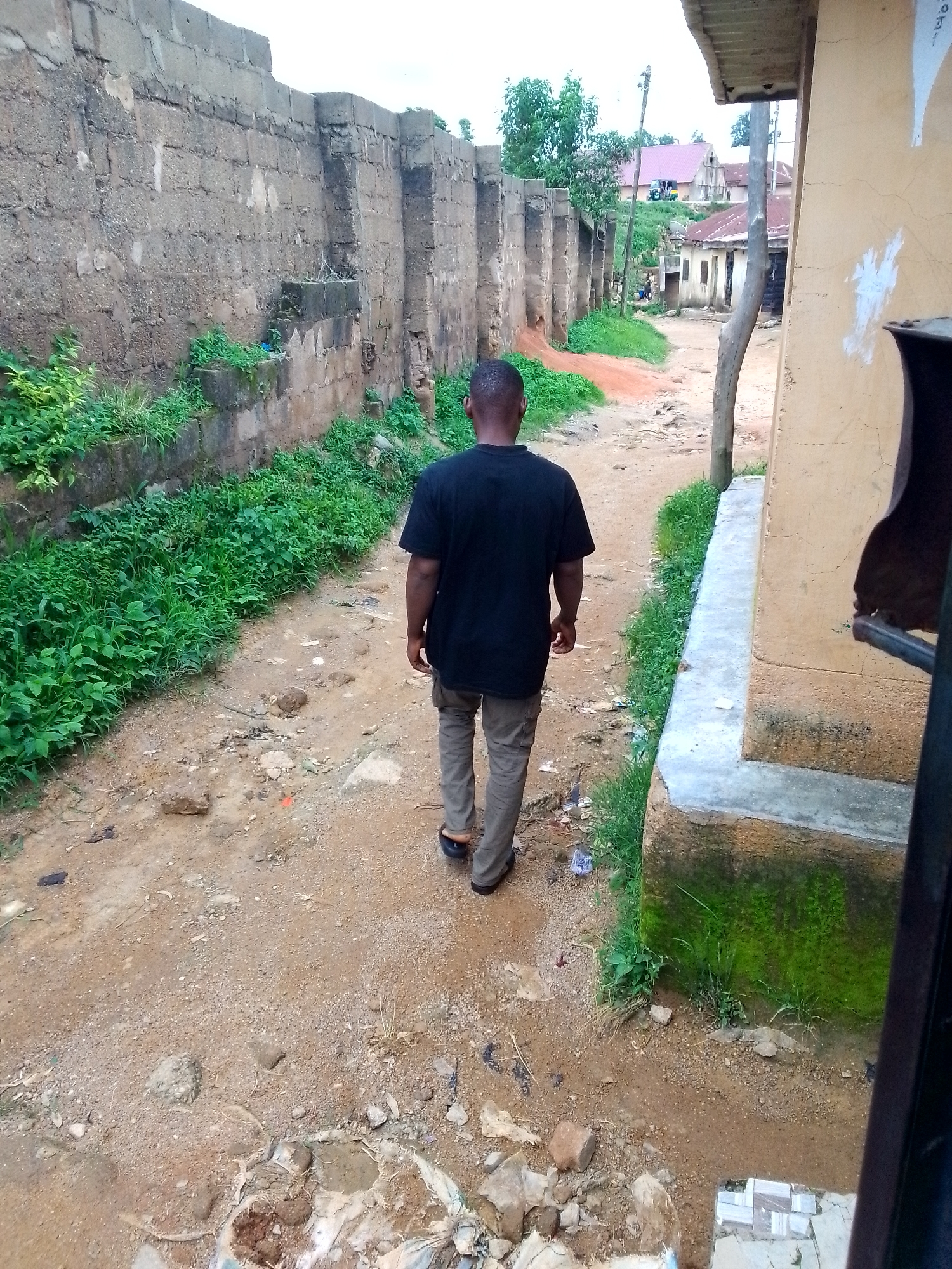 In a narrow, dusty alleyway in Unknown, Unknown, a young Black man wearing a black t-shirt and khaki pants walks away from the camera. He is positioned in the center of the frame, with his back to the viewer, and his feet are clad in dark sandals. To his left, a weathered stone wall, constructed from rough-hewn blocks, stretches into the distance, partially obscured by lush, green vegetation. The ground of the alley is a mix of dirt and small stones, with scattered debris visible. To the right of the alley, a portion of a building with a pale yellow, textured wall is present, its base lined with concrete and moss. Beyond the buildings in the background, more structures with corrugated iron roofs are visible, set against a backdrop of trees and an overcast sky.