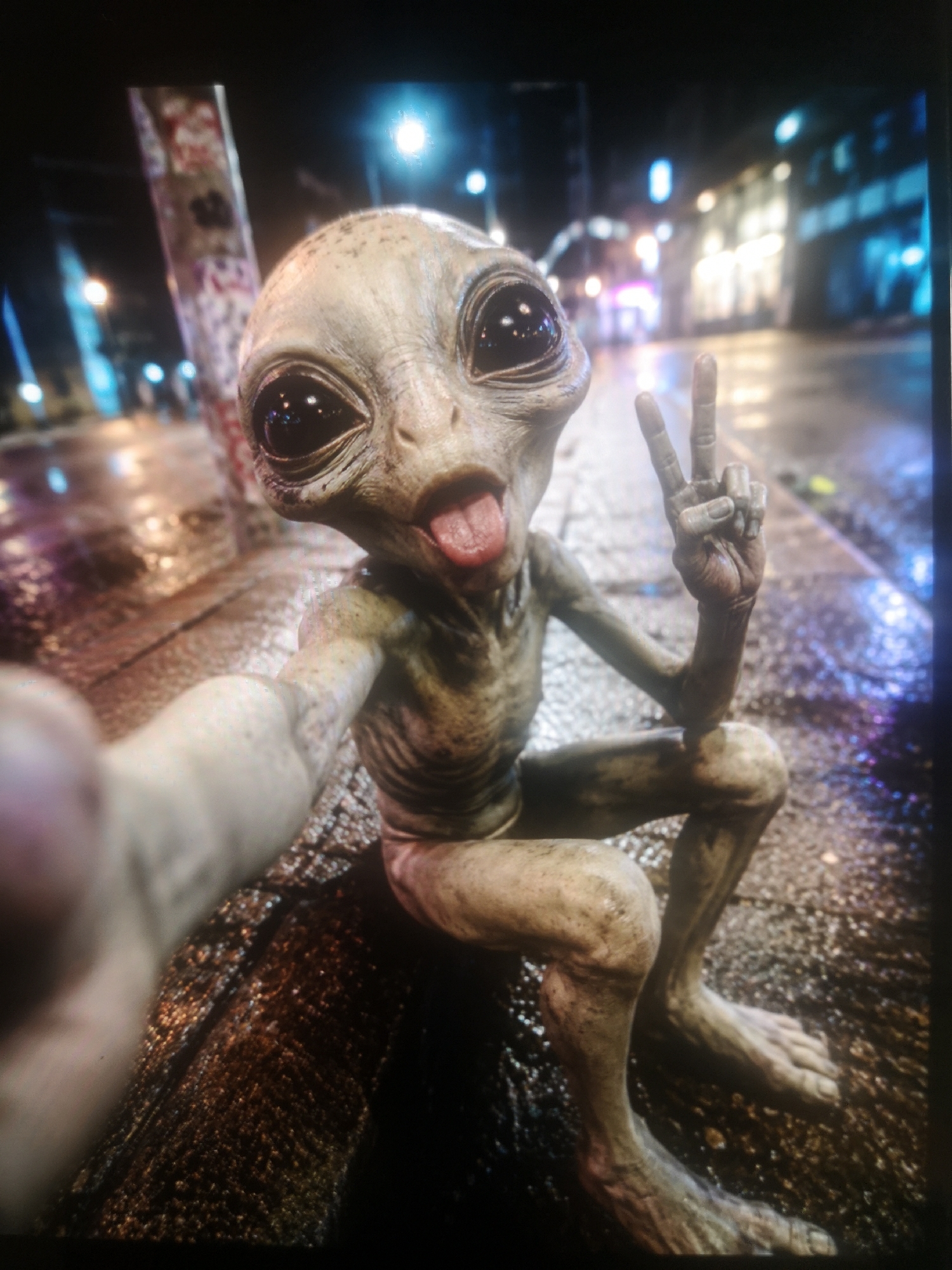 An alien, presumably a grey alien, is taking a selfie on a city street at night. The alien is sitting on the curb, sticking its tongue out, and making a peace sign with its right hand. The alien is light grey in color with large black eyes. The street appears wet and reflective, with streetlights and blurred buildings in the background. The alien is holding the camera in its left hand, which is prominently visible in the foreground. A pole, possibly a light pole, is visible behind the alien to the left. The city is of Unknown, Unknown.