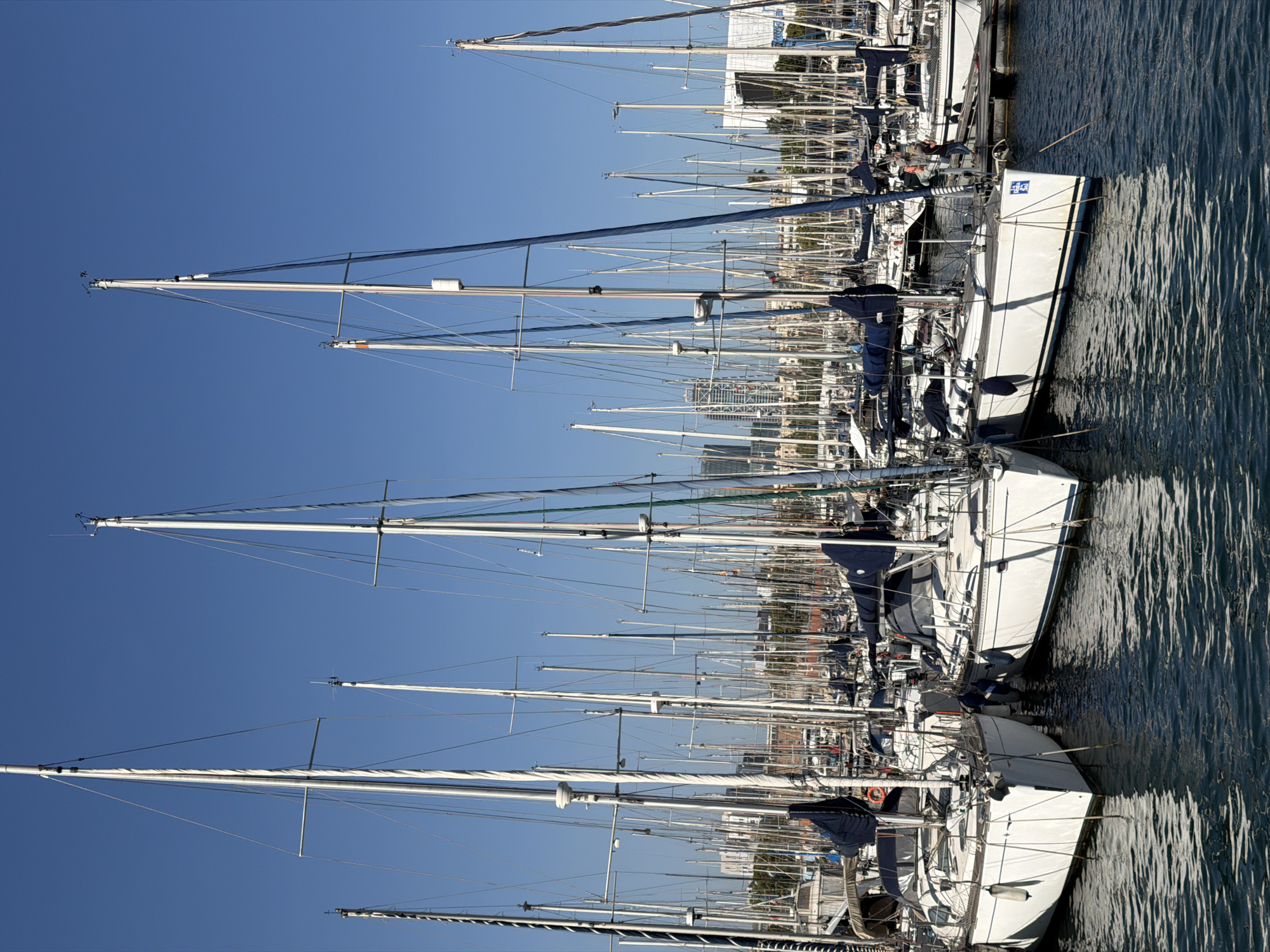The image captures a crowded marina filled with numerous sailboats. The boats are white with blue accents and their masts create a dense forest-like effect against the clear blue sky. In the background, buildings and skyscrapers of a city are visible. The marina is located in Barcelona, Spain, likely Port Olímpic, a prominent harbor that hosted events during the 1992 Olympic Games. The water is dark blue and choppy, reflecting the bright sunlight. Several people are visible on the docks and on the boats, engaged in various activities such as walking and preparing to sail. The overall scene depicts a bustling maritime environment within an urban setting.