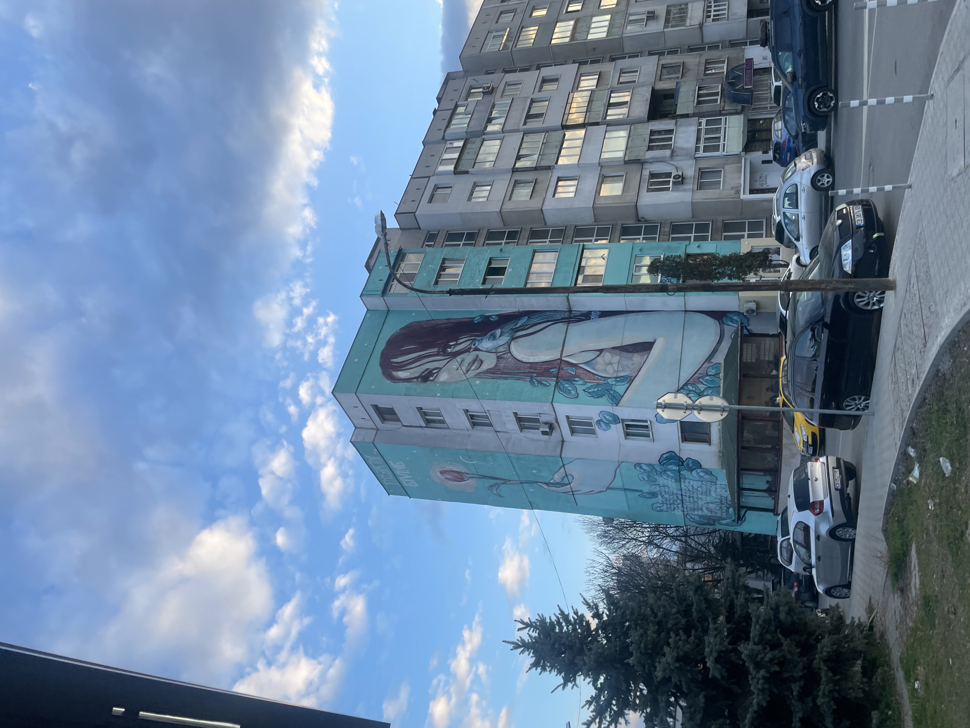An outdoor urban scene in Sofia, Bulgaria, captured during daylight with a partly cloudy sky. The image primarily features an 8-story residential building located at ulitsa "Knyaz Boris I" 171. The left facade of this building is entirely painted in a light turquoise color and adorned with a large mural. The mural depicts a stylized woman with dark hair and a pale complexion, holding a single red flower with a long stem in her left hand. A small blue bird is perched on her right shoulder. Green foliage with blue accents surrounds her. Above the woman, visible on the top floors, are Bulgarian Cyrillic words "ДЪРВОТО НА ЖИВОТА" (The Tree of Life) and "БЪДЕЩЕТО" (The Future), alongside English text "THE GIVING" and partially visible "TREE".
To the right of the mural building, a multi-story grey concrete residential building stands, featuring numerous windows, balconies, and exterior air conditioning units, reflecting sunlight. In the foreground, a paved sidewalk and a street with parked vehicles are visible. A prominent dark green coniferous tree is situated on the left, partially obscuring the lower portion of the mural building. A black utility pole with a streetlamp extends upwards near the center-left.
Vehicles observed on the street include a silver BMW 1-series hatchback (plate CB 0527 PE), a black SUV (plate CB 3929 PX), a black Skoda sedan (plate CB 3876 XB), and a yellow taxi. White and black striped bollards delineate the sidewalk edge on the right. The sky overhead is bright blue with scattered white and some larger, darker cumulus clouds. No individuals are clearly discernible.