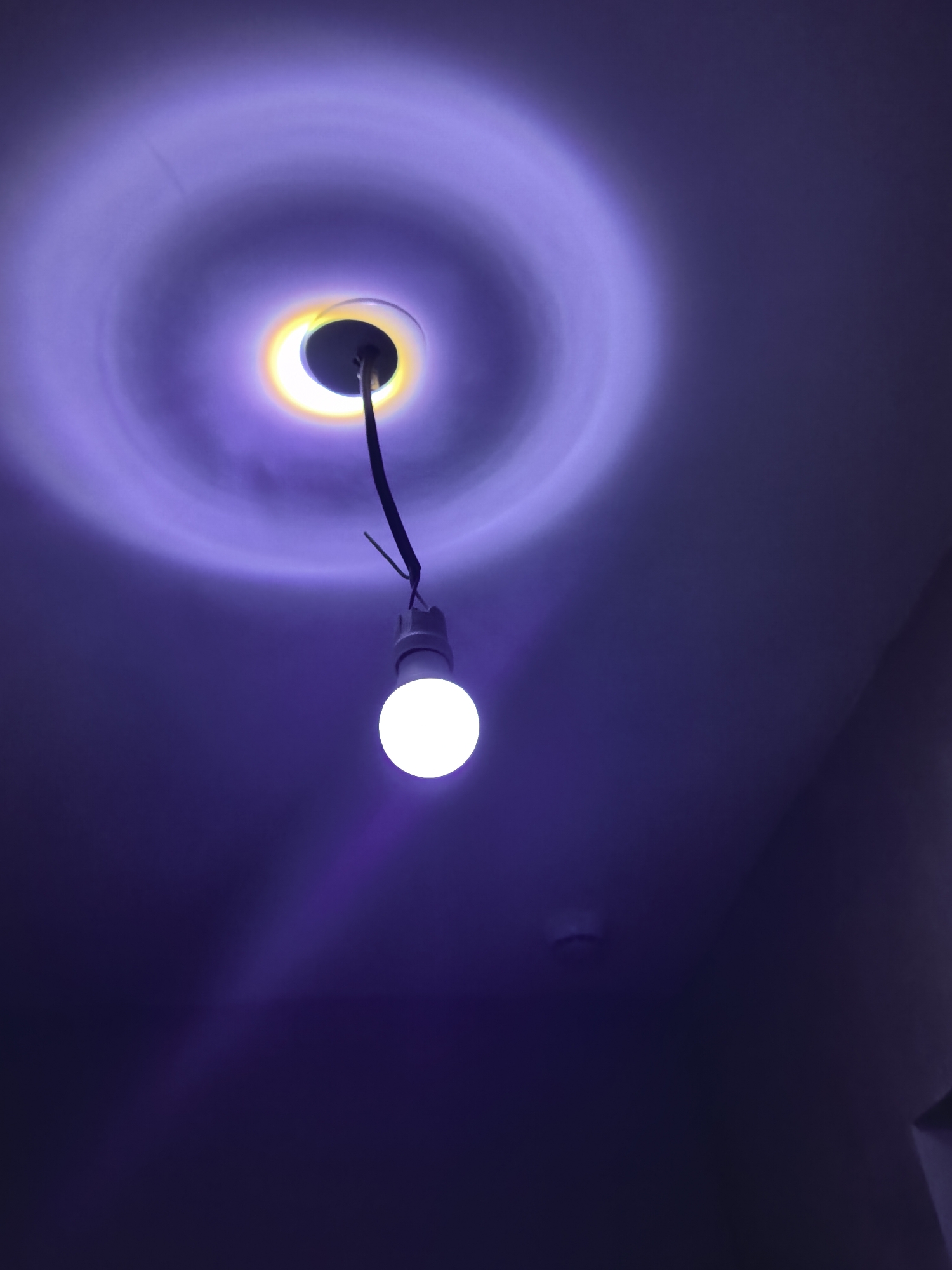 In an indoor scene with a dark purple ambiance, a single white LED light bulb hangs from a black wire attached to a ceiling fixture. The light from the bulb casts a bright white glow downwards, illuminating the immediate area around it. Above the fixture, the light creates a circular halo effect on the ceiling, with concentric rings of varying shades of purple and a hint of yellow-orange at the center, suggesting a prism-like scattering of light. The ceiling appears to be smooth and painted. In the mid-ground of the ceiling, a small, circular, dark object, possibly a smoke detector, is visible. The overall environment is dimly lit, with the purple light dominating the scene.