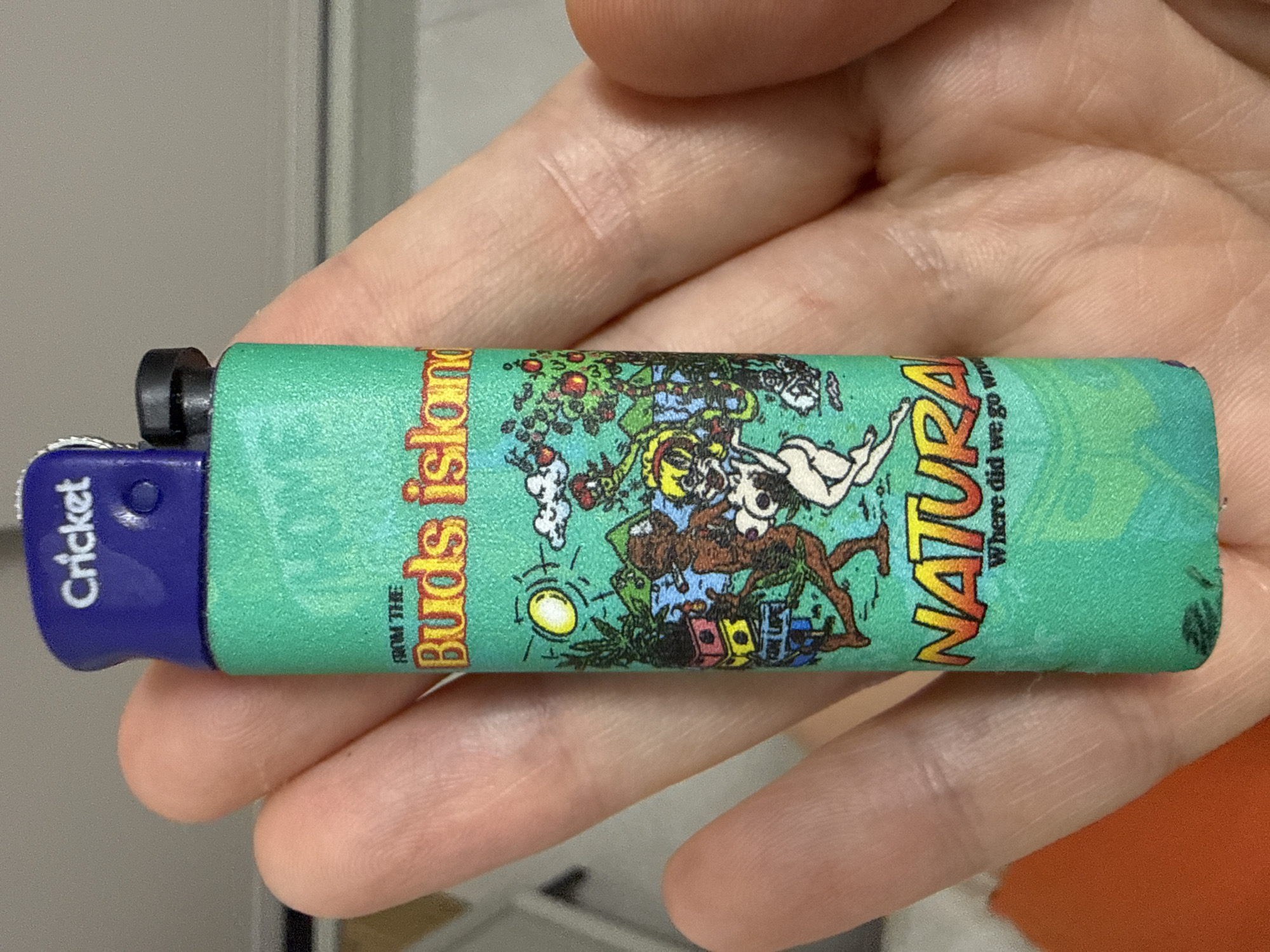 A close-up, eye-level shot shows a hand holding a bright green lighter adorned with a colorful illustration. The lighter features a purple top with the white "Cricket" logo. The illustration depicts a tropical island scene with two cartoon figures. One figure is a dark-skinned person in a loincloth, holding a joint. The other is a light-skinned person with blonde hair and a revealing outfit. The background shows palm trees, an apple tree, and clouds. The words "FROM THE BUDS ISLAND" are printed in yellow at the top of the illustration, and "NATURAL" is written in large, bold orange letters at the bottom, with "Where did we go wro..." printed below it in white. The image was taken indoors, with a neutral, blurred background that suggests an indoor setting, possibly a home or office. There is no indication of the location being the city of Huizhou, China.