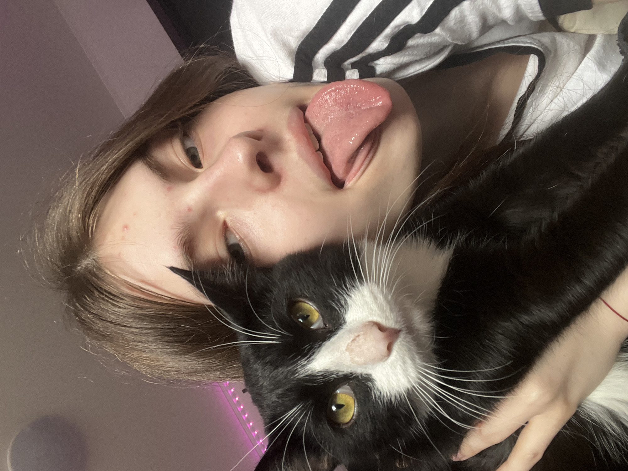 A close-up indoor shot captures a young person and a black and white tuxedo cat. The person, positioned upside down in the frame, has light brown hair and is sticking their tongue out in a playful expression, looking towards the camera. They appear to be wearing a white and black striped top. Small red blemishes are visible on their forehead and cheek.
The cat is held close to the person, its head angled to look directly into the camera. It has striking yellow-green eyes, a pink nose, and prominent white whiskers. The cat's fur is predominantly black with a distinct white patch covering its muzzle and chest. A hand with a red string bracelet is visible, gently holding the cat.
The background is simple and dark, with a subtle pink or purple glowing light strip visible on the left side, suggesting artificial illumination. The overall scene conveys a lighthearted and affectionate moment between the person and their pet. The setting is an indoor location in Saint Petersburg, Russia. There is no visible text in the image.