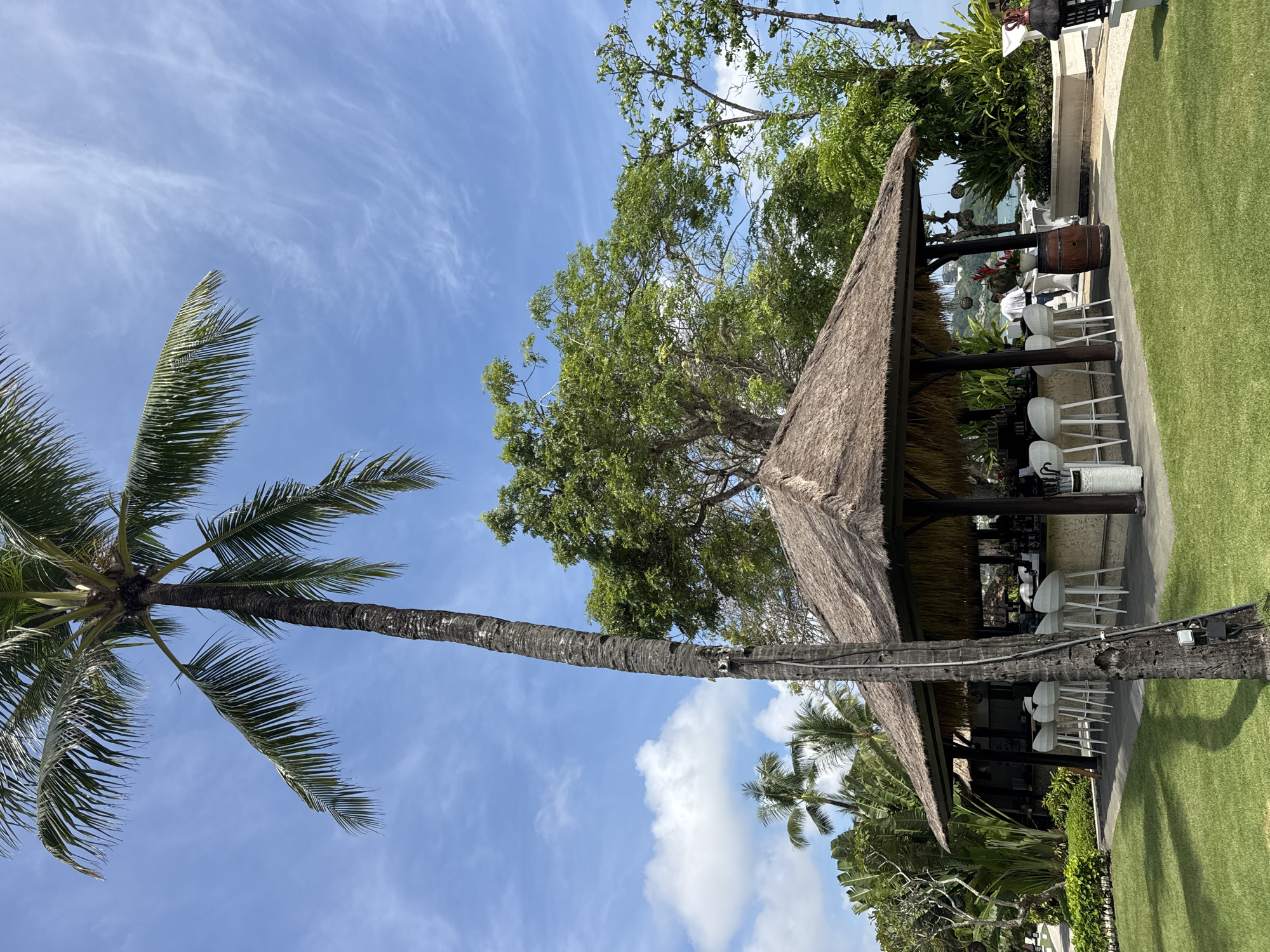 The image captures a tropical scene, likely in Kuta Selatan, Indonesia. A tall palm tree with green fronds dominates the left side of the frame against a backdrop of a partly cloudy, blue sky. To the right, a thatched-roof structure, possibly a bar or outdoor seating area, is visible. Underneath, several white bar stools and tables suggest a place for relaxation and dining. Behind the bar, there's a hint of a verdant landscape and perhaps a view of the ocean, though details are somewhat obscured. The presence of lush vegetation and manicured green grass further reinforces the tropical setting.