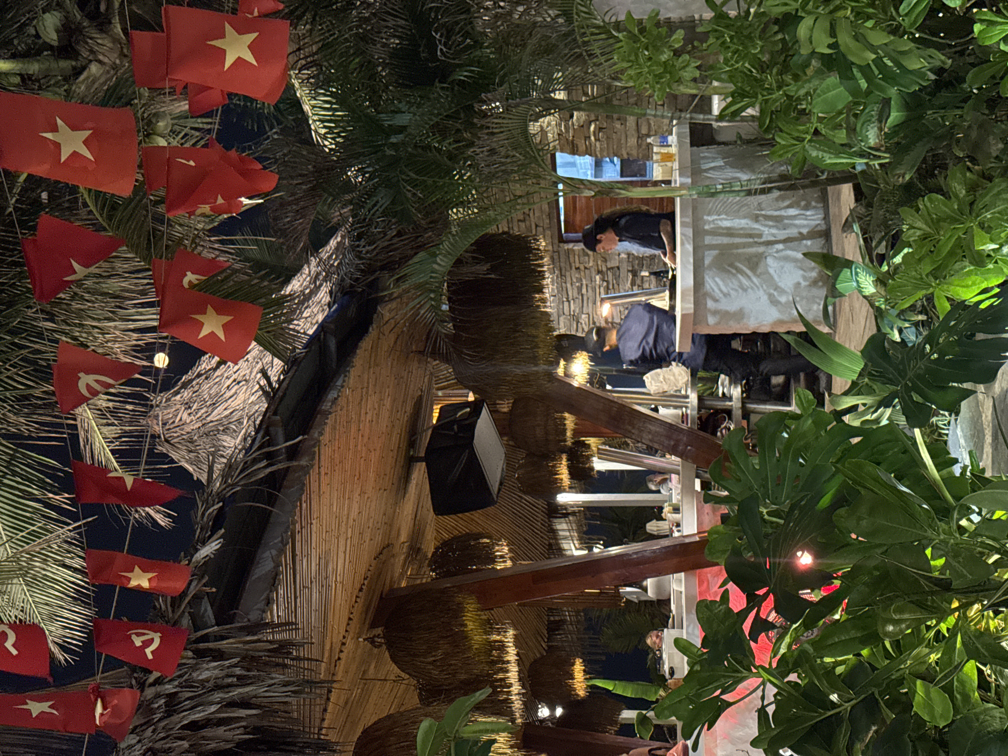 This appears to be a photograph taken at a bar or restaurant, likely located in a tropical or semi-tropical setting. Red flags emblazoned with a yellow star, reminiscent of the Vietnamese flag, are visible, suggesting the location is in Vietnam. Given the prompt's reference to Đà Nẵng, Vietnam, it is reasonable to infer that this image was taken there.
The scene includes palm trees and various other forms of lush vegetation, which could be part of the bar's decor. People are visible behind the bar, working. A speaker system hangs from the thatched or wooden roof structure. Lighting and possible red color-wash lighting provide illumination. The overall atmosphere is likely lively and casual, characteristic of a tourist-oriented location.