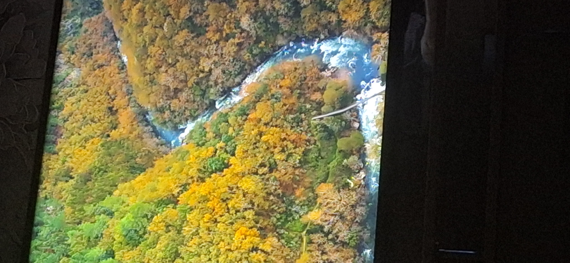 The image displays a television screen showing an aerial view of a river winding through a densely wooded area, likely during autumn given the vibrant yellow and green foliage. The river is a bright blue, with white rapids indicating a fast current. There are small specks of yellow and white visible along the riverbank, potentially representing people or boats, but they are too indistinct to identify definitively. The scene is captured from a high vantage point, giving a sense of scale to the natural landscape. The bottom portion of the image is dark, indicating the presence of furniture or a dark room in front of the screen. The location of Bila Tserkva, Ukraine is not visually identifiable in the image.