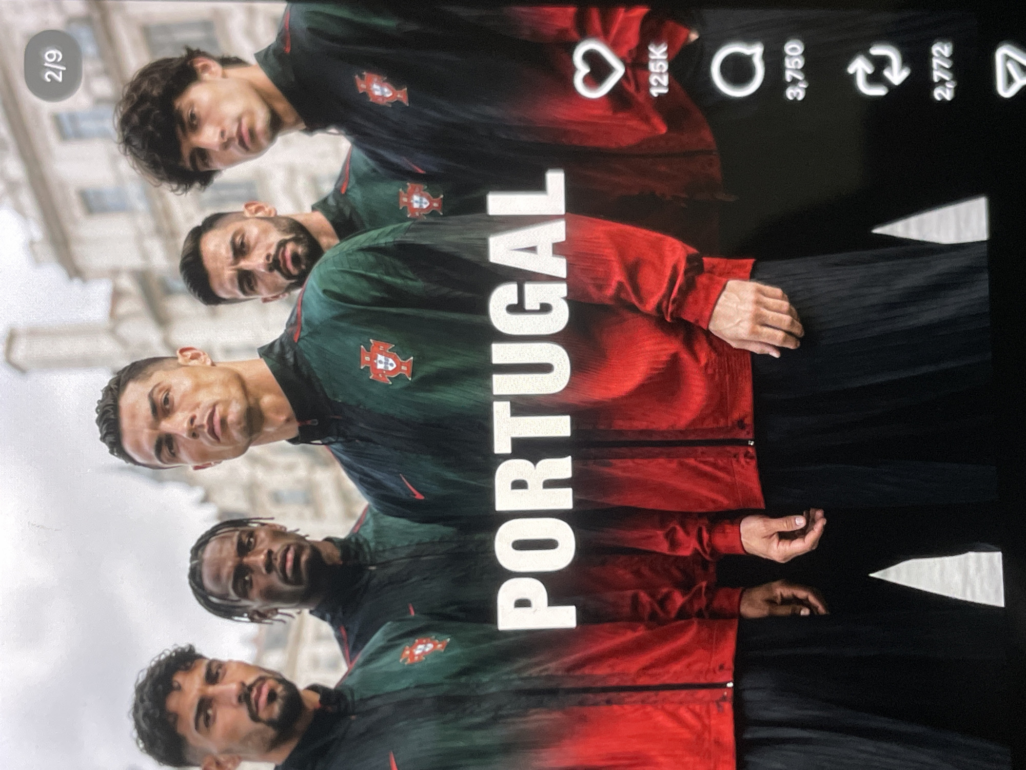 A group of five young men, appearing to be athletes, are posing for a photograph outdoors. They are all wearing matching jackets with a gradient design of green at the top and red at the bottom, featuring the Portuguese crest and Nike logos. Large white text across the center of the image reads "PORTUGAL". The men are looking towards the camera with serious expressions. In the background, there are buildings with an architectural style that suggests a European city, possibly Lisbon. The sky is overcast. To the right of the image, there are social media engagement icons and counts: a heart with "125K" below it, a speech bubble with "3,750" below it, and two circular arrows with "2,772" below them.
