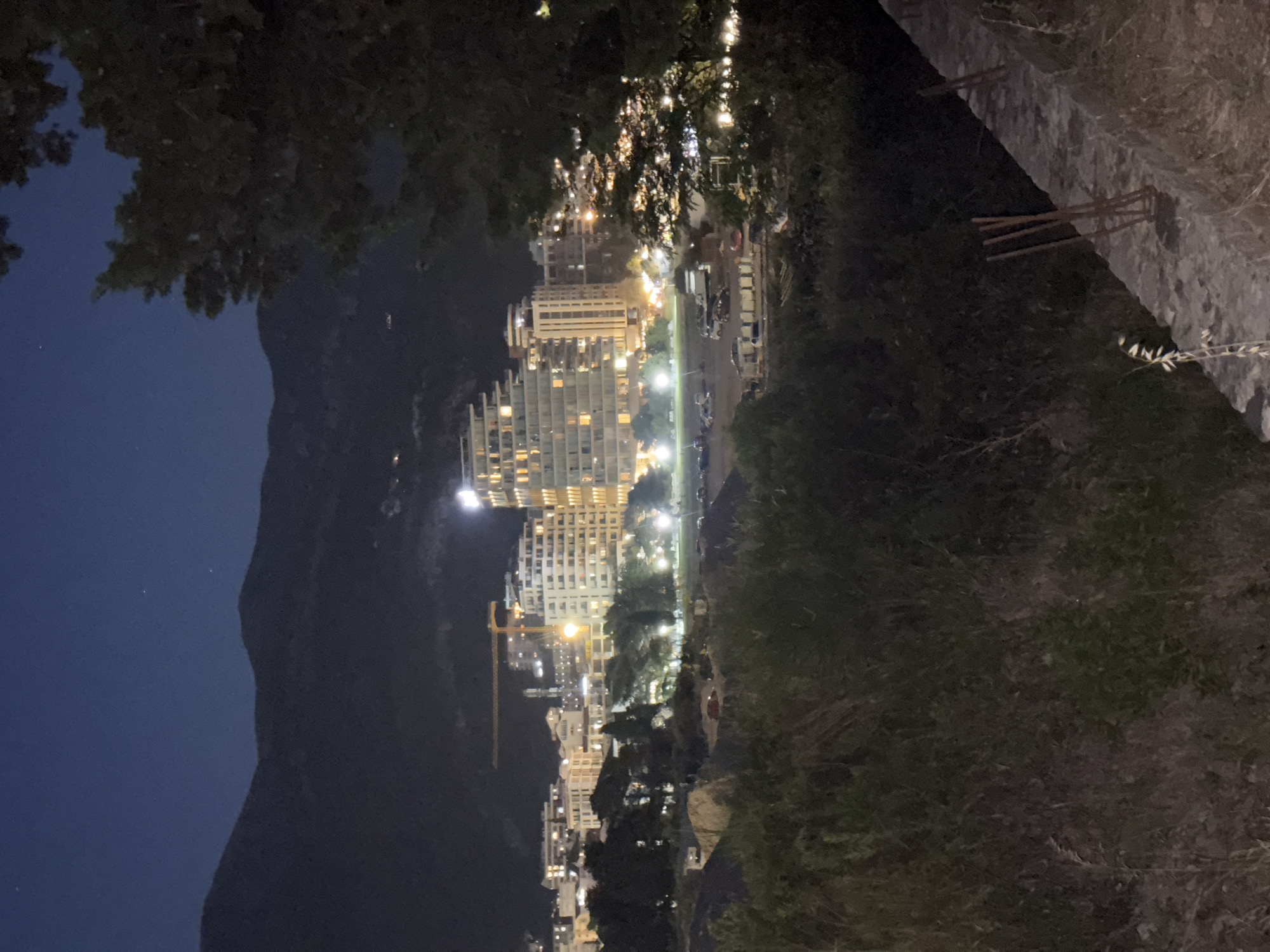This image captures a nighttime view of the coastal city of Boreti, Montenegro. In the foreground, a stone retaining wall runs diagonally across the bottom right, with several rusty metal rebar pieces protruding from it. Behind the wall, dense, dark vegetation covers the ground.
The midground features a low-lying area with more vegetation and what appears to be a construction site or undeveloped land. Several cars are visible parked in this area. Beyond this, the city lights of Boreti begin to illuminate the scene. Numerous buildings of varying heights and architectural styles are visible, many with their windows lit. One prominent building in the center-right has a unique, stepped design and is brightly illuminated. A tall construction crane, lit with yellow lights, stands near the city skyline, indicating ongoing development.
In the background, dark, silhouetted mountains rise against a deep blue night sky. A few faint stars are visible in the sky. The overall atmosphere is that of a developing coastal city at night, with the natural landscape of mountains and the sea (implied) forming a backdrop to the urban lights and construction.