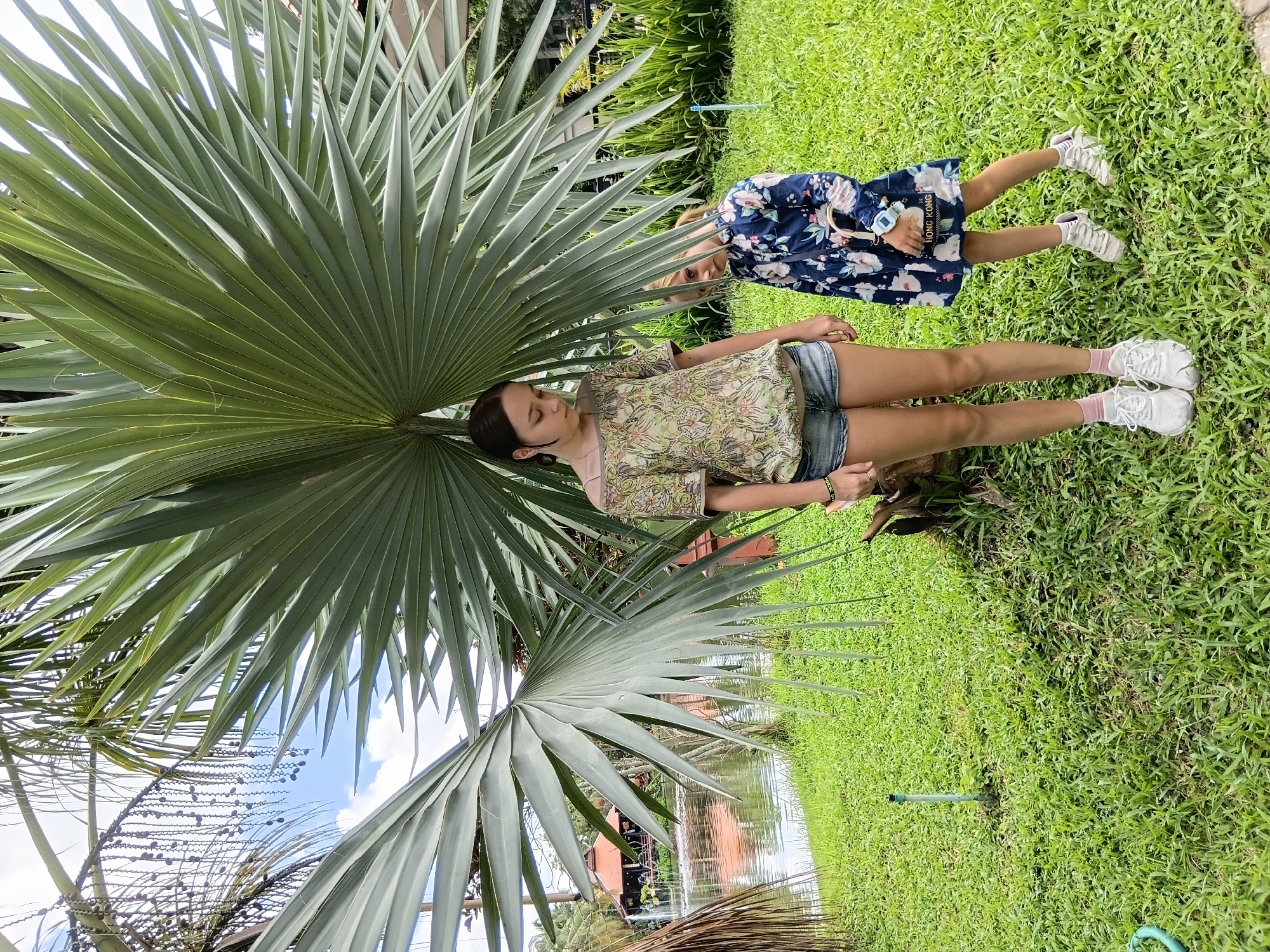 Two young girls stand in a grassy park area near a body of water. The girl on the left, taller and dressed in a patterned off-the-shoulder top and denim shorts, stands directly beneath a large palm tree with fan-shaped fronds. The girl on the right, shorter and wearing a blue floral dress, stands to her right, slightly further from the tree. In the background, a lake is visible with a structure resembling a pagoda with an orange roof and a fountain. The environment is lush and green with well-maintained grass and tropical foliage. The scene appears to be in a public park or garden. The image does not provide any specific clues to indicate the location in the city of Ban Phaya Kot Ana Kaeo, Thailand.