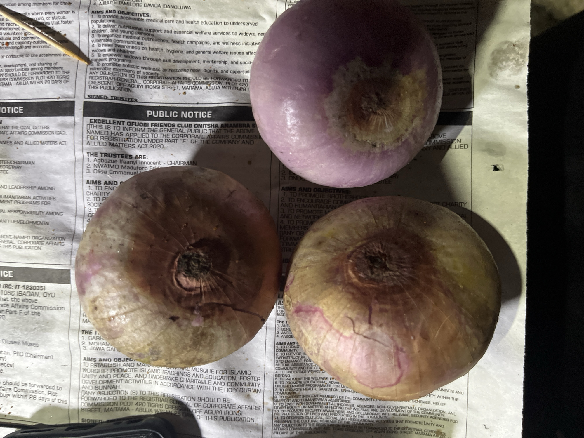 The image shows three onions placed on top of a newspaper. Two onions are on the left, and one is on the right. The onions vary in size and color, with some appearing to be yellow or red. The newspaper's text is partially visible and includes information about "PUBLIC NOTICE" and "EXCELLENT OFUORI FRIENDS CLUB OMISHA A AMARAS". The text also mentions registration details and addresses in Abuja, Nigeria, including "AGUI IRONS STREET, MAITAMA, ABUJA WITHIN 28 DAYS OF THIS PUBLICATION." The lighting suggests an indoor setting, and the overall scene is a still life arrangement.