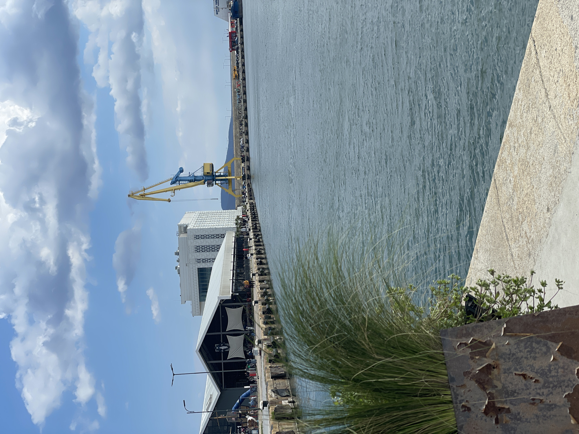 The image captures a view of the port area in Burgas, Bulgaria, facing towards the sea. In the midground, a large yellow and blue crane is visible, indicative of port activity. A modern, multi-story white building is situated near the pier. A covered outdoor venue is located closer to the viewer, likely a restaurant or event space. The foreground features a metal planter filled with tall grass and some greenery, partially obstructing the view. To the right, a concrete seawall borders the water. The sky is partly cloudy, with a mix of blue patches and large white cloud formations. The water is relatively calm. There are wooden pilings between the water and the pier area.