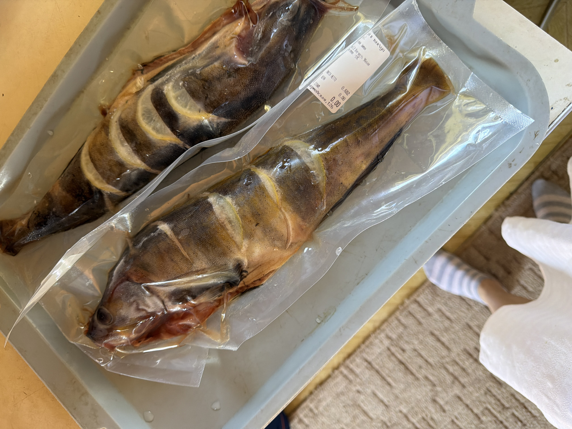 The image shows two vacuum-sealed fish, likely perch, arranged on a gray plastic tray. Lemon slices are interspersed along the bodies of the fish, inside the packaging. A small label, possibly indicating origin or preparation details, is visible on the packaging of the fish on the right. The label contains text in Russian including what appears to be "Пармейская, 126," (Parmesan, 126) which could possibly refer to the address, "Пармейская, 126, Plamya, Russia" which is a restaurant located at ul. Parmeyskaya, 126, Berezovsky, Sverdlovsk Oblast, Russia, 623700. The lower right corner of the image shows a person's leg, foot, and part of their dress, along with a portion of a beige textured rug. The environment is a domestic setting, potentially a kitchen or dining area.