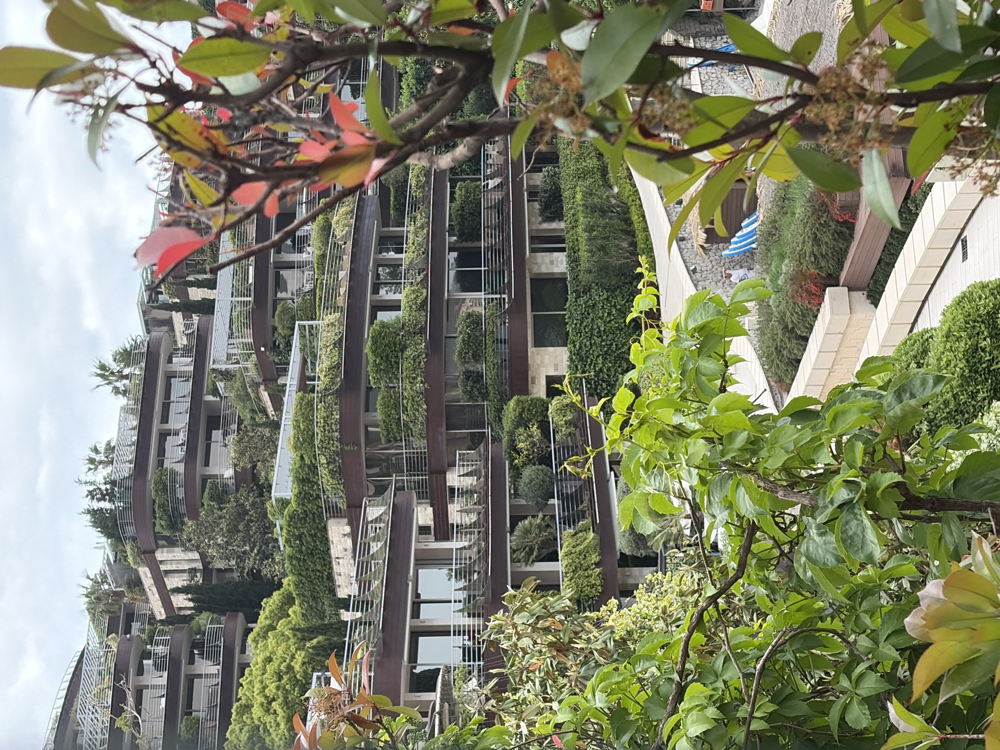 The image depicts a multi-story building adorned with abundant greenery, resembling a vertical garden. Balconies are lined with various plants and trees. The building's architecture features curved lines and a modern design. Branches with leaves are visible in the foreground. The overall scene gives the impression of an urban oasis where nature and architecture intertwine. The building appears to be located in the city of Budva, Montenegro.