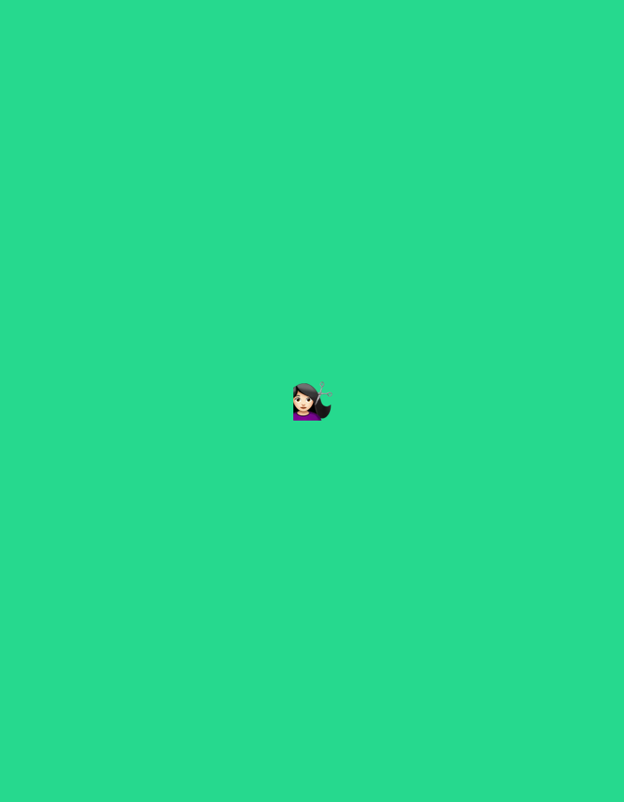 The image displays a solid, uniform green background (hexadecimal color approximately #33CC99). Centrally positioned is a digital emoji depicting the head and upper shoulders of a woman. She has straight, dark brown hair parted on her left side and light skin. Her visible attire is a purple top. A pair of silver scissors, open, is positioned to the upper right of her head, indicating a haircut or hairstyling theme. There are no other subjects, objects, actions, or environmental details present. The scene is devoid of any discernable real-world context, including geographical location.