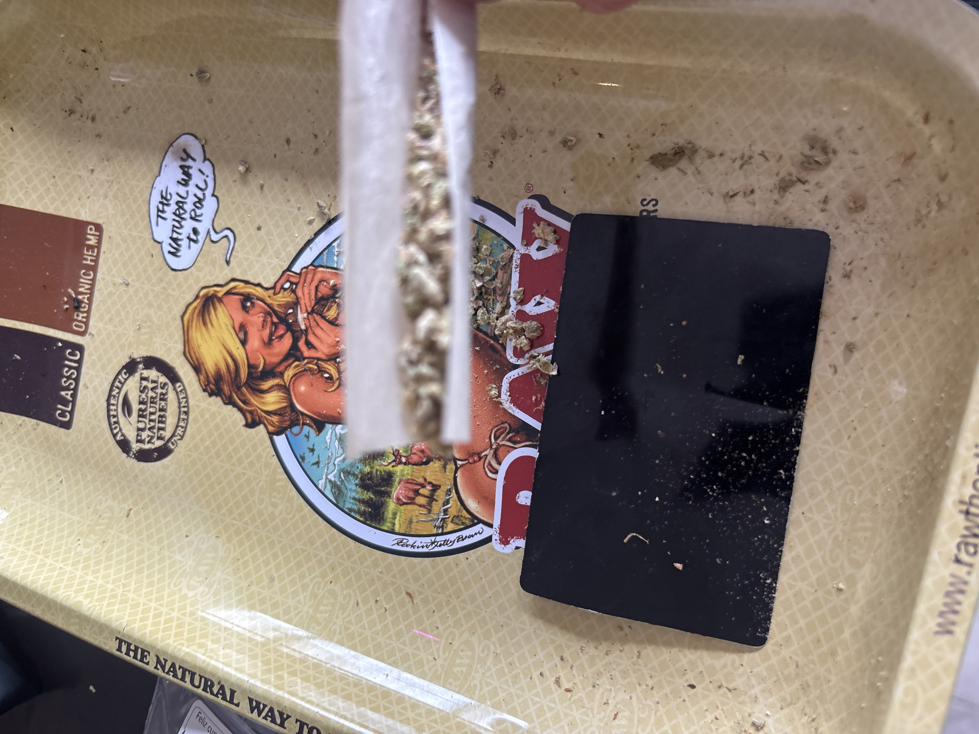 A close-up, overhead shot shows a partially rolled cigarette with green plant matter on a beige RAW brand rolling tray. The tray features a vintage-style illustration of a woman. A black credit card-sized object lies next to the cigarette. Scattered plant remnants and debris are on the tray. The tray bears text including "THE NATURAL WAY TO," "RAW," "CLASSIC ORGANIC HEMP," "AUTHENTIC PUREST NATURAL FIBERS UNREFINED," and "www.rawthentic." The signature "Rakin stelly Bean" is visible on the tray.