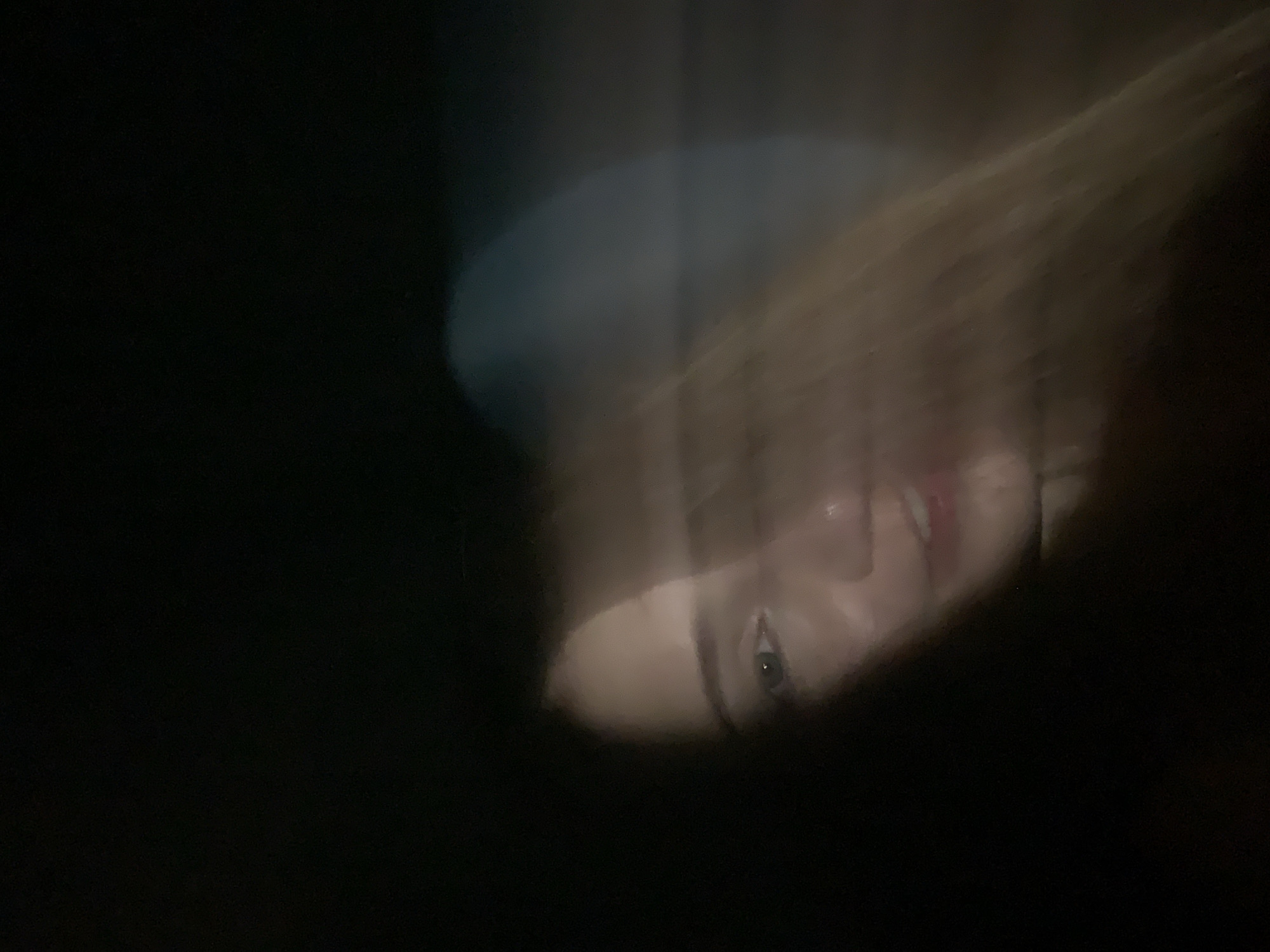 A dimly lit image shows a person's face peeking into the frame from the right. The face is angled downwards, with the forehead higher than the chin. One eye is visible, and the mouth is slightly open, revealing teeth. Light reflects off the skin and hair. A blurry light source is behind the person. The background is mostly black. It's impossible to determine the location in Chaikovsky, Russia, or to identify actions or interactions from this image.