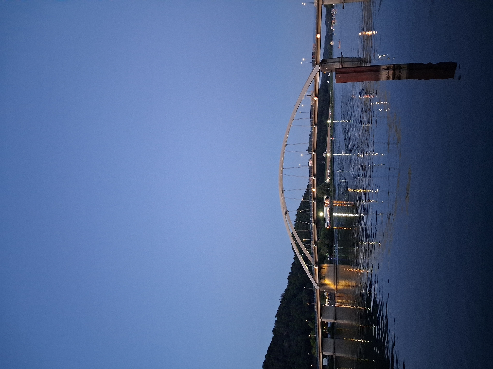 An image shows the Vilsbiburger Straße Bridge in Vilshofen an der Donau, Germany, at dusk. The bridge, which has an arched superstructure supported by cables, spans a wide river. Lights on the bridge and from structures on the riverbank cast reflections on the dark water. A forested hill rises behind the river on the left side of the image. The sky is a clear, deep blue. The water is calm, with ripples reflecting the lights from the bridge and shore. A dark, rectangular post stands partially submerged in the water in the foreground on the right.