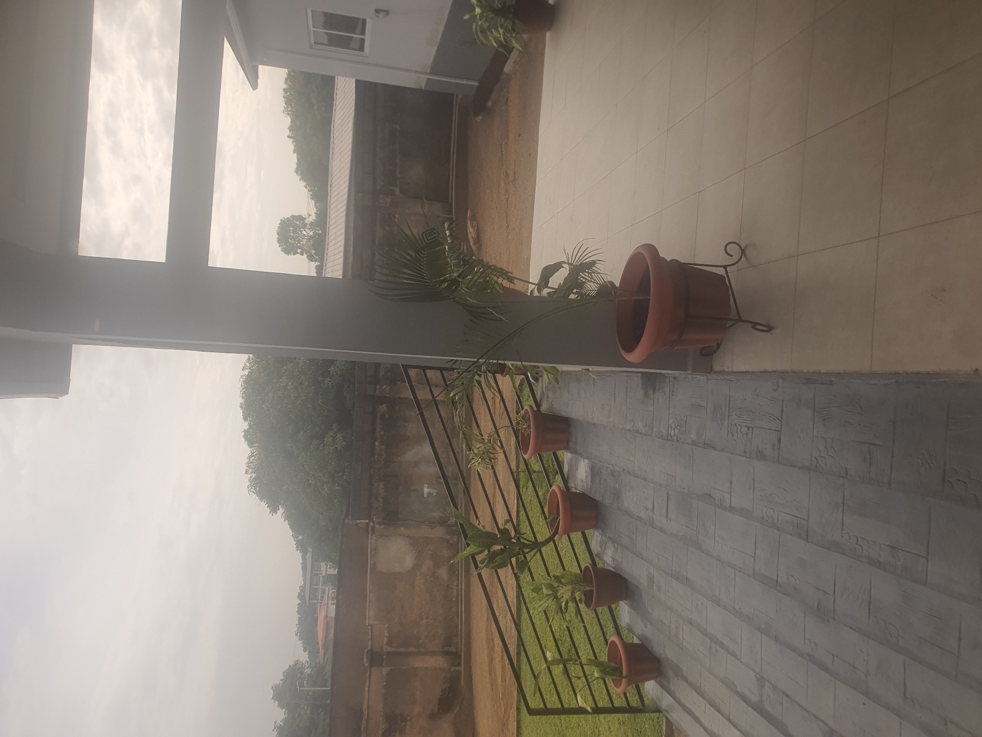 The image depicts a residential exterior scene, likely in Jos, Nigeria, characterized by overcast skies and a somewhat muted color palette. In the foreground, a tiled patio area extends to the right, with a large, brown, potted plant on a decorative metal stand. To the left, a staircase with dark gray, wood-patterned risers and treads ascends. Along the railing of the staircase, several potted plants are arranged in a line. These plants vary in size and type, with some appearing leafy and others more slender. The railing itself is made of dark metal.
Beyond the staircase, a patch of green grass is visible. Further in the background, a weathered, light brown concrete wall stretches horizontally, with a dark metal fence running along its top. Behind the wall, a sandy or dirt ground area is present, and beyond that, trees and buildings are visible. One building in the middle ground has a corrugated metal roof. On the far right side of the image, a portion of a white building with a dark gray trim and a white-framed window is visible. The overall impression is one of a residential property with an outdoor living space, possibly an entryway or patio area. No people are present in the image.