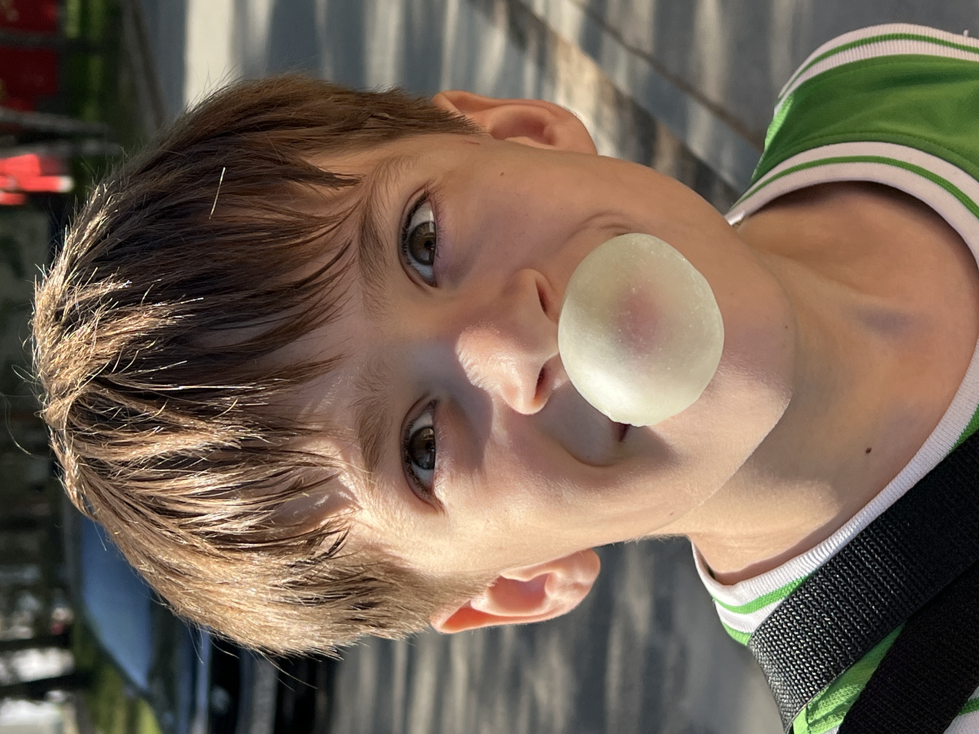 A young boy with short brown hair and hazel eyes blows a bubble with a piece of chewing gum. He is wearing a green and white striped shirt with a black strap visible across his shoulder. A single needle is seen stuck in his hair above his forehead. The setting appears to be outdoors, possibly in the city of Noviy, Russia. The background is blurry but suggests an urban environment with vehicles and trees. The image is shot at a slight angle, with the boy's face filling most of the frame.