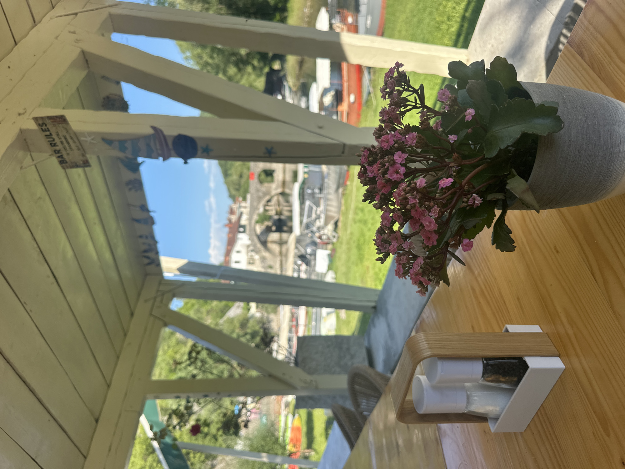 A close-up shot focuses on a wooden table with a small holder containing two spice shakers, one filled with salt and the other with pepper. To the left of the shakers, a potted plant with pink flowers and green leaves is placed in a grey vase. The background reveals a scene viewed through an open-air wooden structure with white beams.
Through the structure, a body of water is visible with several boats docked. Further in the distance, an old stone bridge with arches crosses the water, suggesting a historical or picturesque location. Green grass and trees surround the area, indicating an outdoor setting during daylight. The sky is blue with some clouds. The overall impression is a relaxed, possibly seaside or riverside ambiance.
A small sign with "BAR RULES" is affixed to one of the wooden beams of the structure. The scene appears tranquil and sunlit, suggesting a pleasant day, possibly late morning or afternoon. The wooden table has a natural grain pattern, and the spice holder has a modern, minimalist design.