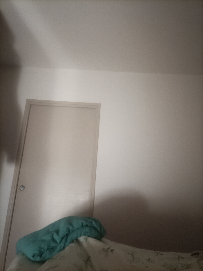 The image shows a closed white door in a bedroom in Le Mée-sur-Seine, France. The room is painted white with a white ceiling, with a shadow cast on the wall from the door. There is a bed with a teal-colored blanket at the bottom of the frame, and a white bedspread with a floral pattern on the bed. The room is sparsely decorated and appears to be a simple bedroom.